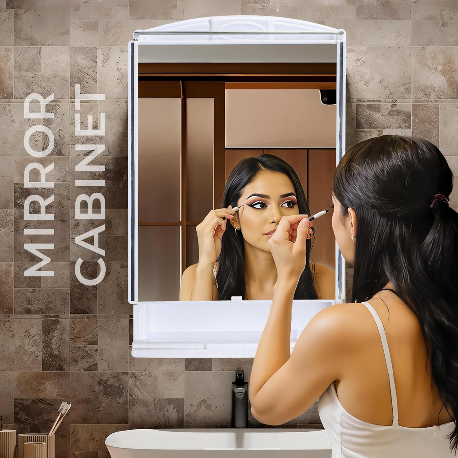 Plastic Bathroom Mirror with Cabinet Storage Organiser | Multiple Compartment Washroom Shelves Wall Mounted | Ample Drawer Capacity for Personal Care Items | White