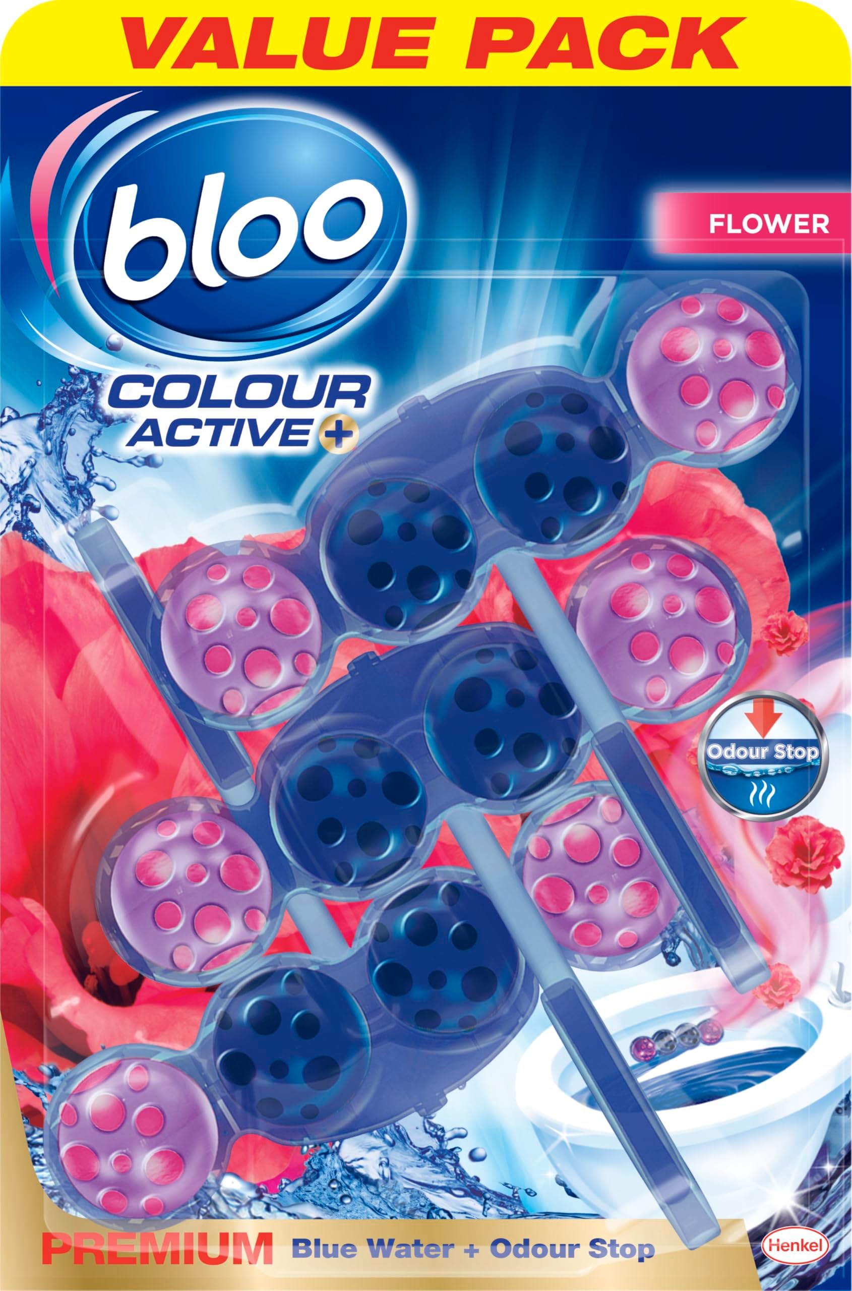 Solid Toilet Rim Block Colour Active Blue Fresh Flower | 4 in 1 Toilet Cleaners with Anti-Limescale, Cleaning Foam, Dirt Protection and Extra Freshness | Pack of 3, 3x50g