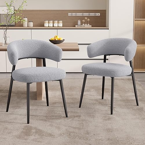 Miniatura 14 de Juego de 2 sillas de comedor, sillas de cocina modernas de mediados de siglo, silla de comedor tapizada Boucle con respaldo curvado y patas de metal