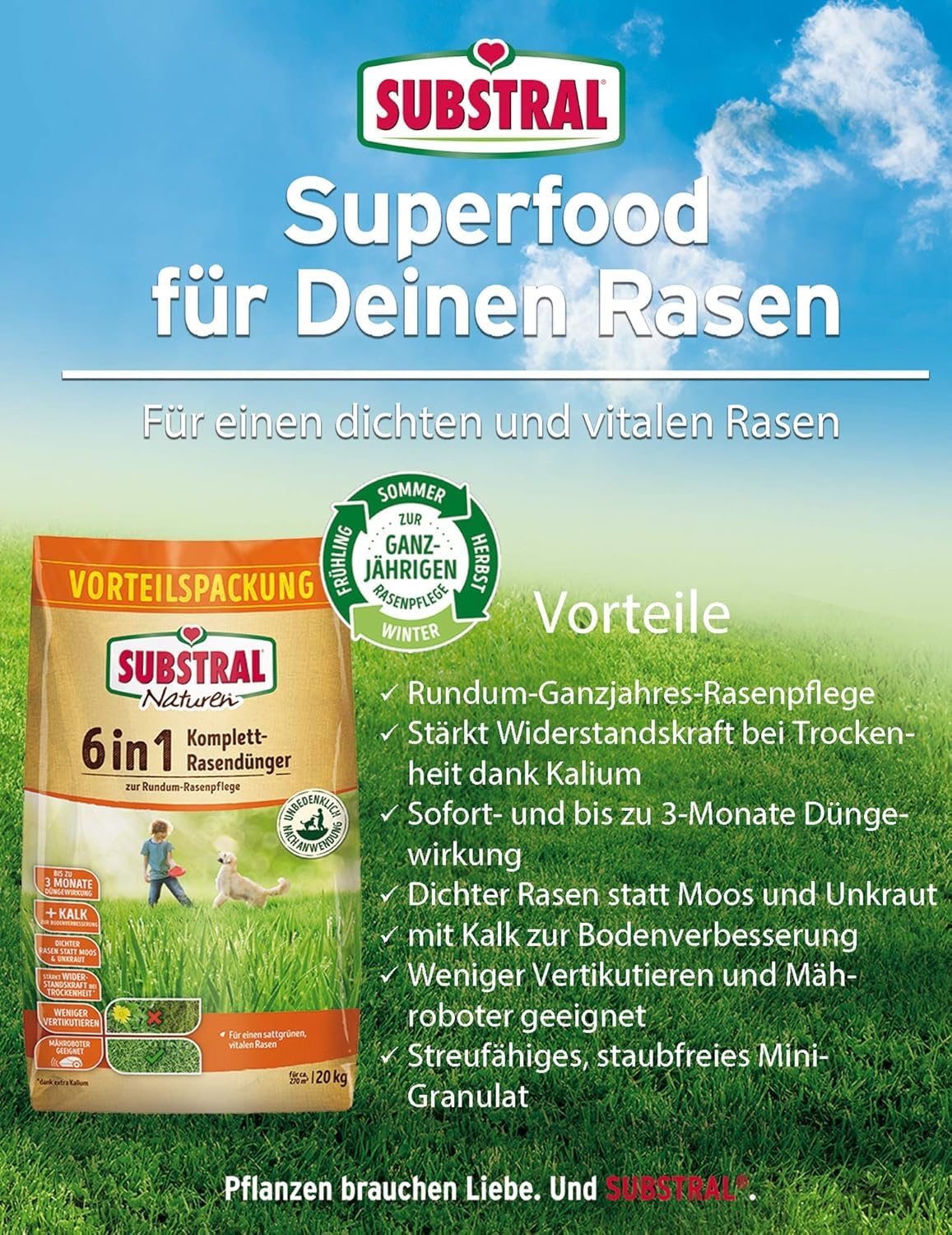 Substral Naturen 6in1 Komplett Rasendünger mit Sofort und Langzeitwirkung mit Extra Kalk und Kalium 270 m² 20kg