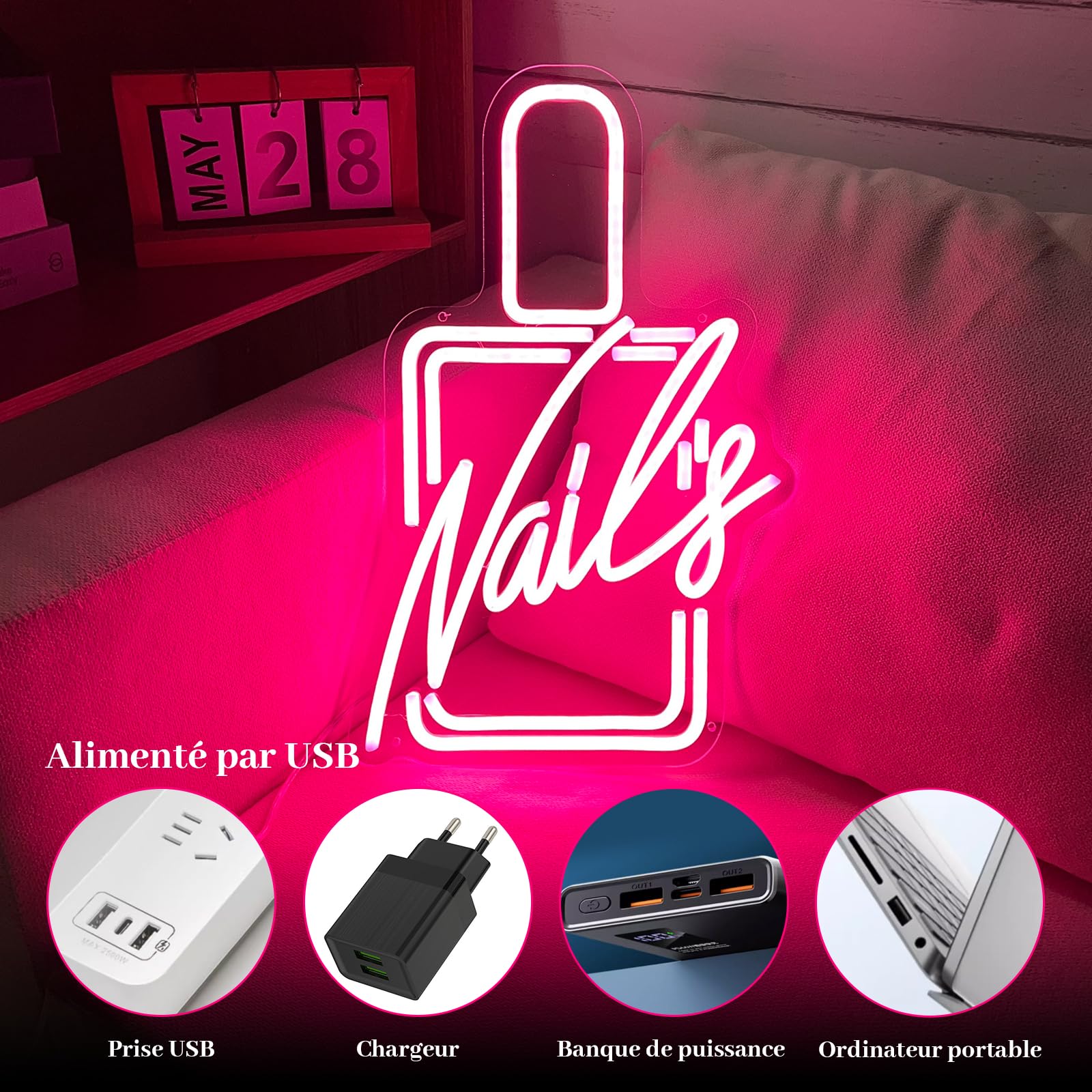 Enseignes Lumineuses Nails LED Neon Wall Decoration Sign Rose Neon Signs Night Lights pour Décoration Murale, Chambre,Magasin de Manucure(26 x 40cm)
