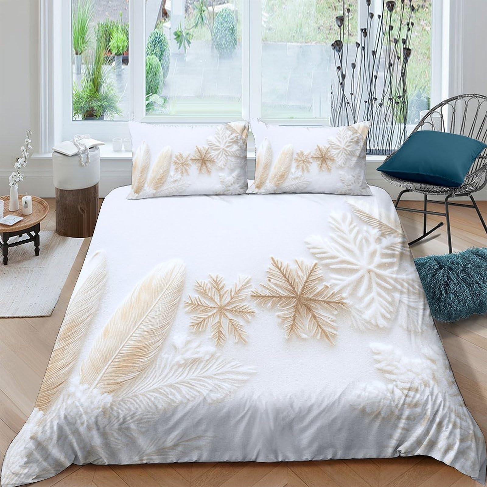 Ctjqhvkz Style-6 3D Printed Beige Snowflake Fitted Sheet Microfiber Soft Breathable Leaf Pattern Mattress Cover For Bedroom Decor Single（135X200cm）