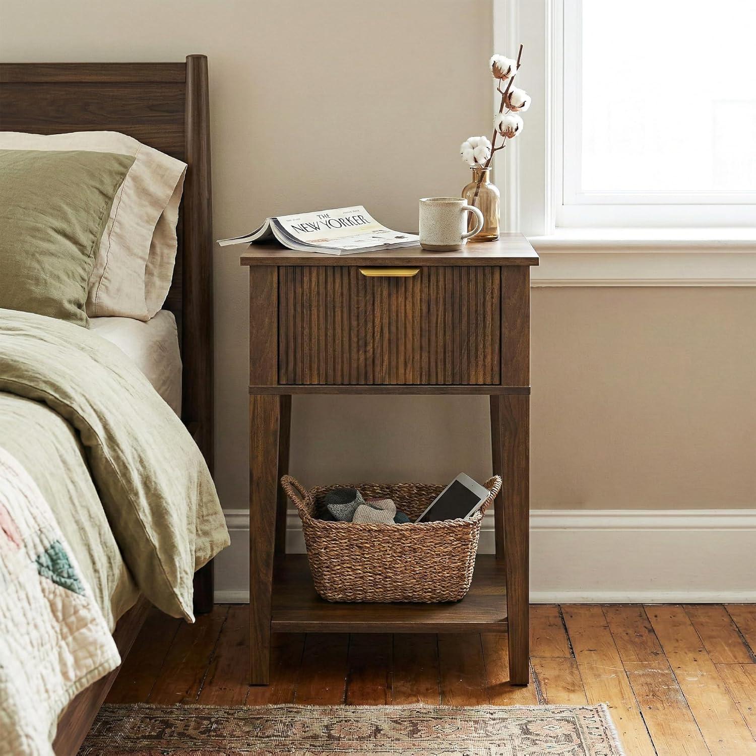 Narrow Nightstand for Small Spaces, 12" Deep x 15" Slim Wood Bedside Table with Drawer & Shelf, Rustic Mid-Century End Table for Bedroom & Apartment - Walnut