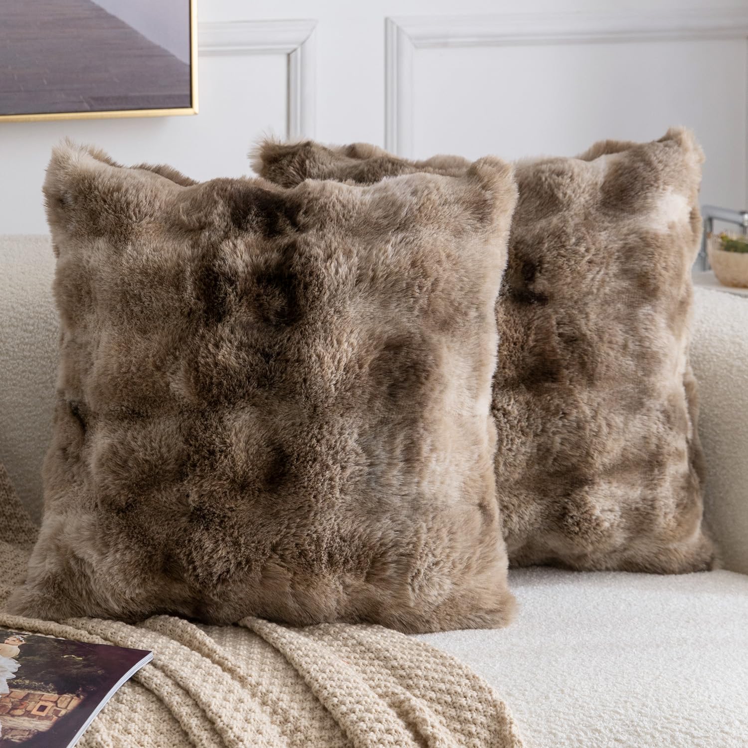 Madizz Pack of 2 Thick Plush Faux Wool Cushion Covers 50x50 cm Mottled Brown Soft Neutral Decorative Throw Pillow Covers Accent Boho Pillowcases for Couch Sofa Bedroom Pillow Shell