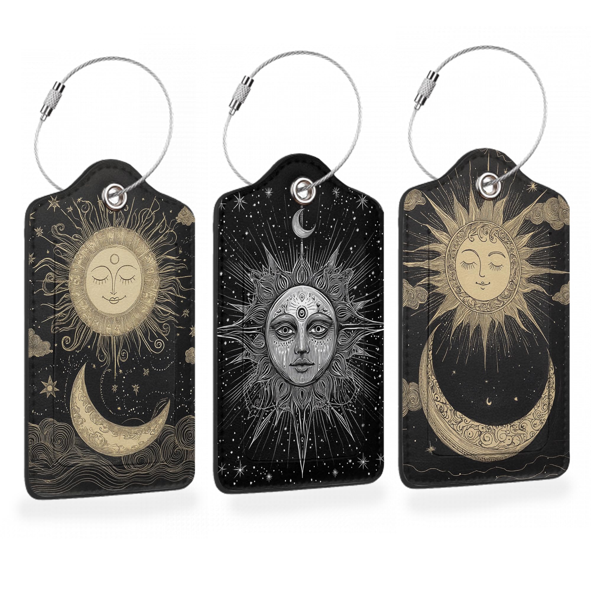 Vintage Boho Sun and Moon 3 PCS Luggage Tags, Leather Suitcase Tags with Privacy Cover Name Address Labels and Durable Steel Loop for Men/Women Travel