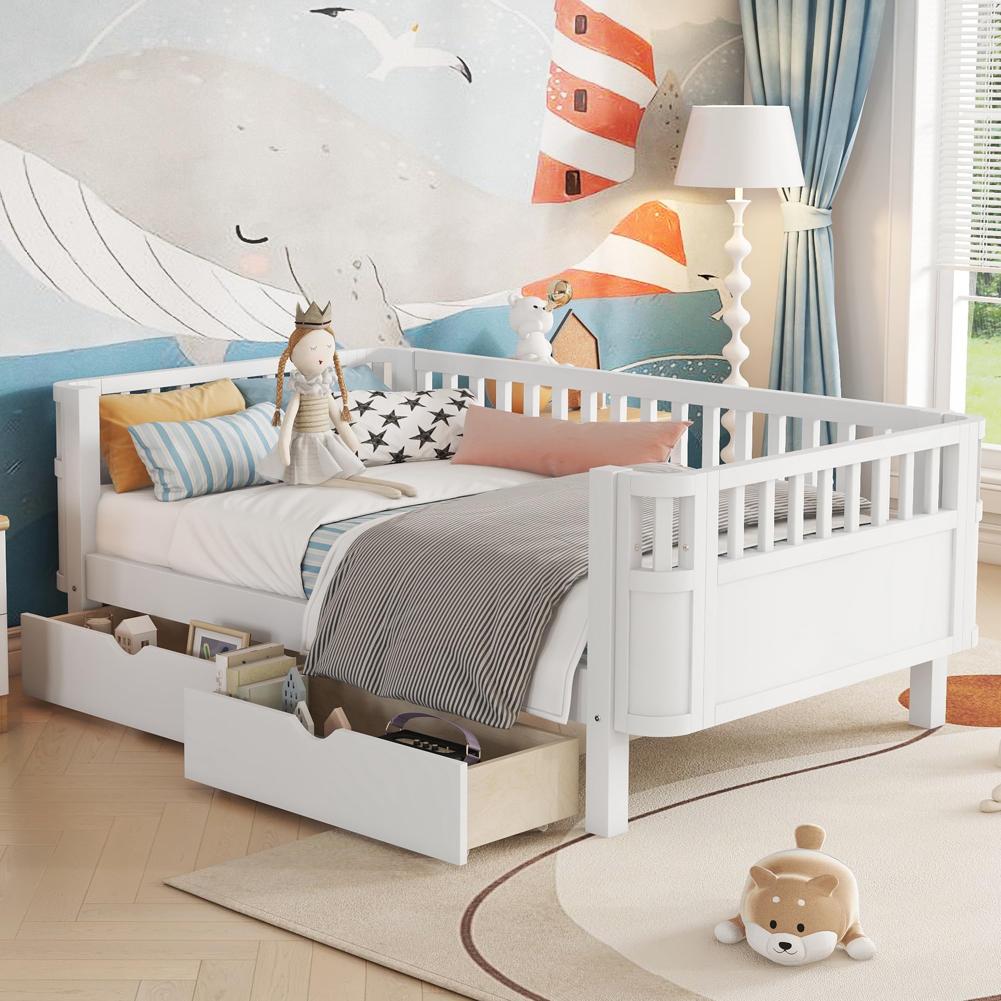 Twin Size Kids Bed Frame, Low Profile Montessori Twin Bed with Rails, Wood Daybed with Storage Drawer for Girls & Boys, No Spring Box Required, No Squeaks, White