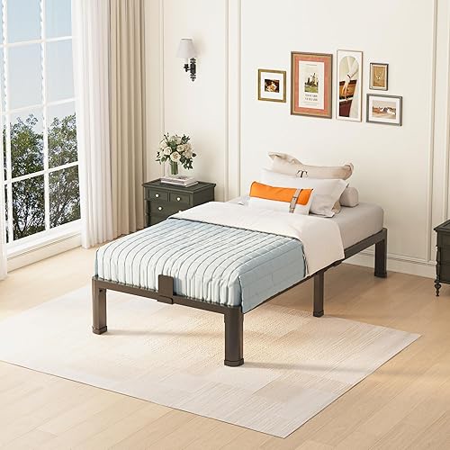 Miniatura 74 de Base de cama de tamaño matrimonial de 18 pulgadas con patas de esquina redondas, tapón deslizante de colchón, plataforma de metal resistente de 3500