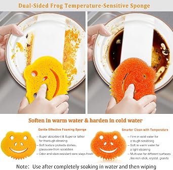 Magic Sponges Washing Up, 5Pack Dual Sided Temperature Frog Kitchen Cleaning Sponge Scrubber, Non Scratch Scourers Pads Dishwashing Sponge Eraser for Kitchen, Dish, Bathroom