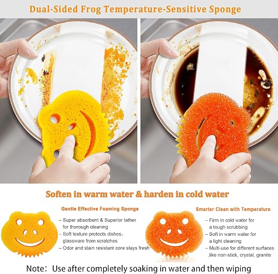 Magic Sponges Washing Up, 5Pack Dual Sided Temperature Frog Kitchen Cleaning Sponge Scrubber, Non Scratch Scourers Pads Dishwashing Sponge Eraser for Kitchen, Dish, Bathroom