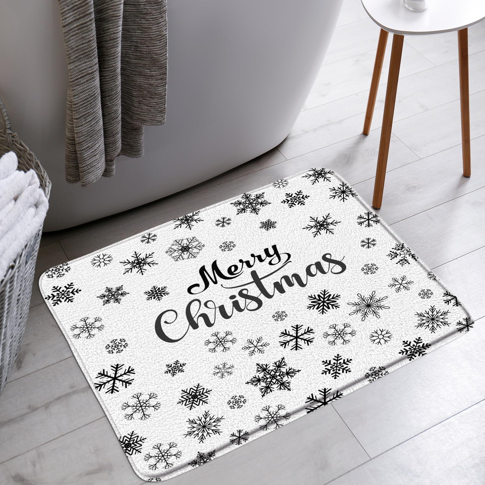 AMFD Winter Snowflake Bath Mat Black White Snowflake Merry Christmas Happy Holiday Bathroom Bathtub Floor Rugs Doormat Toilet