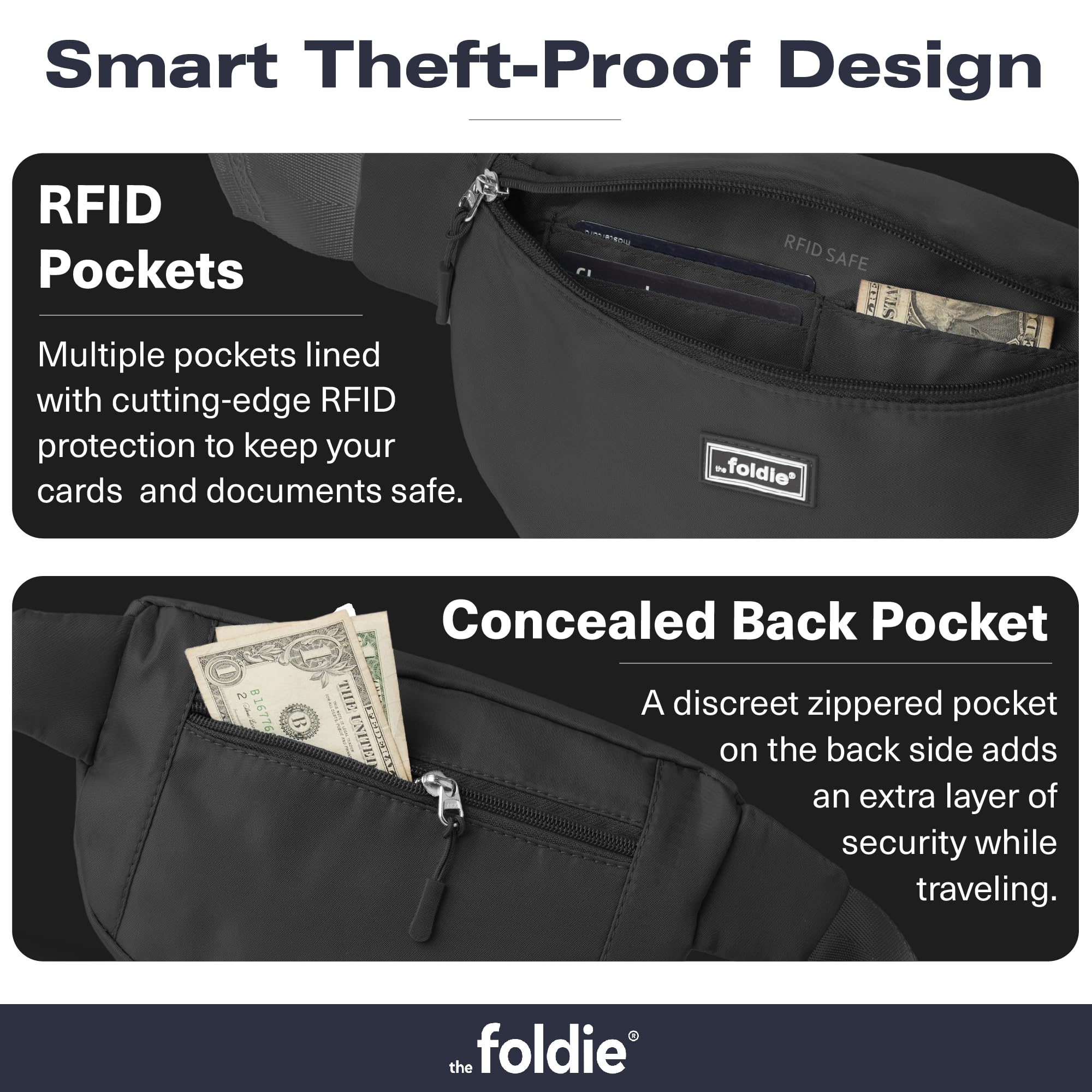 The Foldie Foldable Crossbody Bags for Women & Men - Anti-Theft RFID-Safe Fanny Pack with Smart Lockable Zippers and Cut-Resistant Strap - Lightweight Waist Pack for Travel & Everyday Use - Black