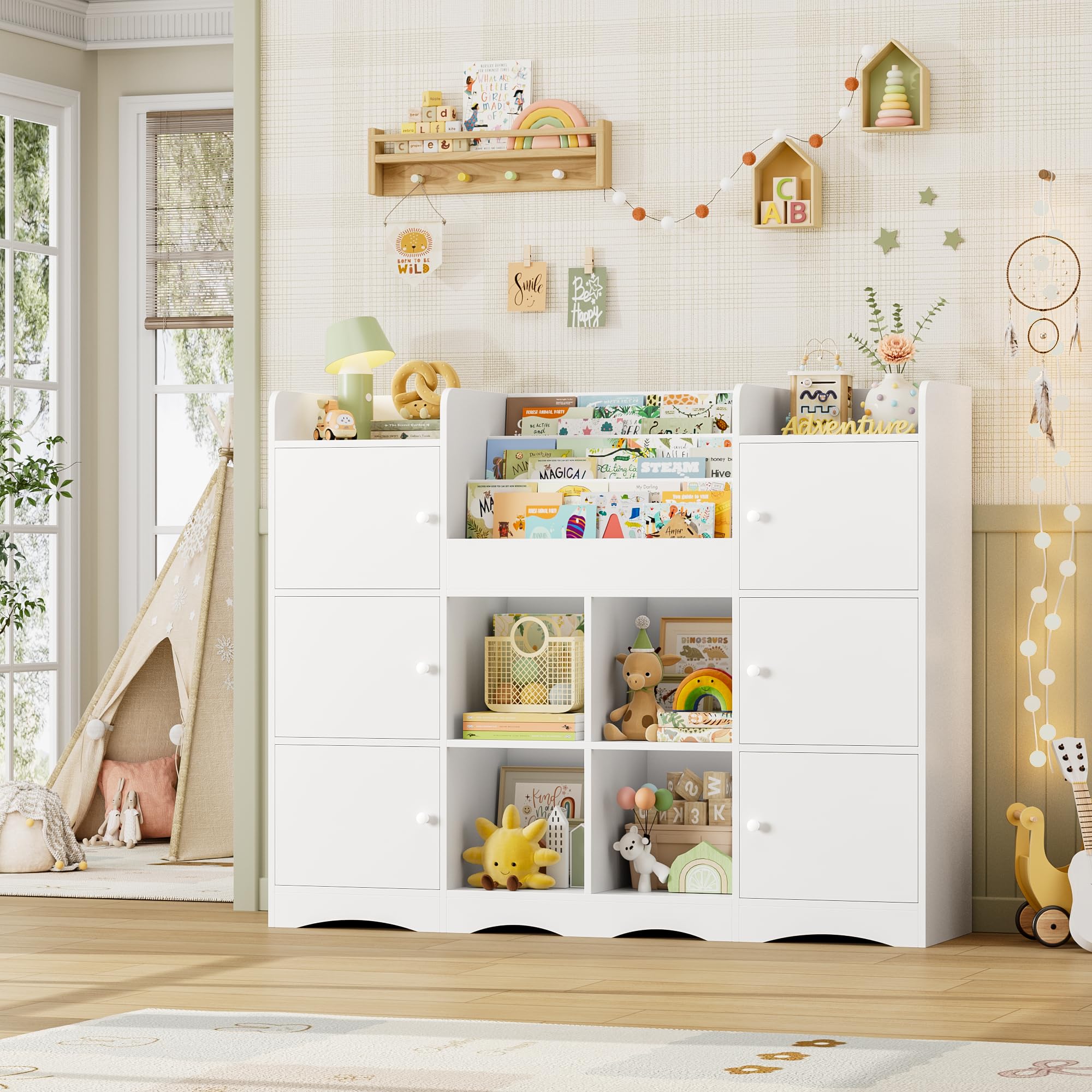 FOREHILL Organizador Juguetes, 6 Armarios con Puertas, Blanco | Estanteria Infantil, 6 Armarios con Puertas, 4 Estantes Abiertos para Dormitorios Guardería, 140x30x106cm