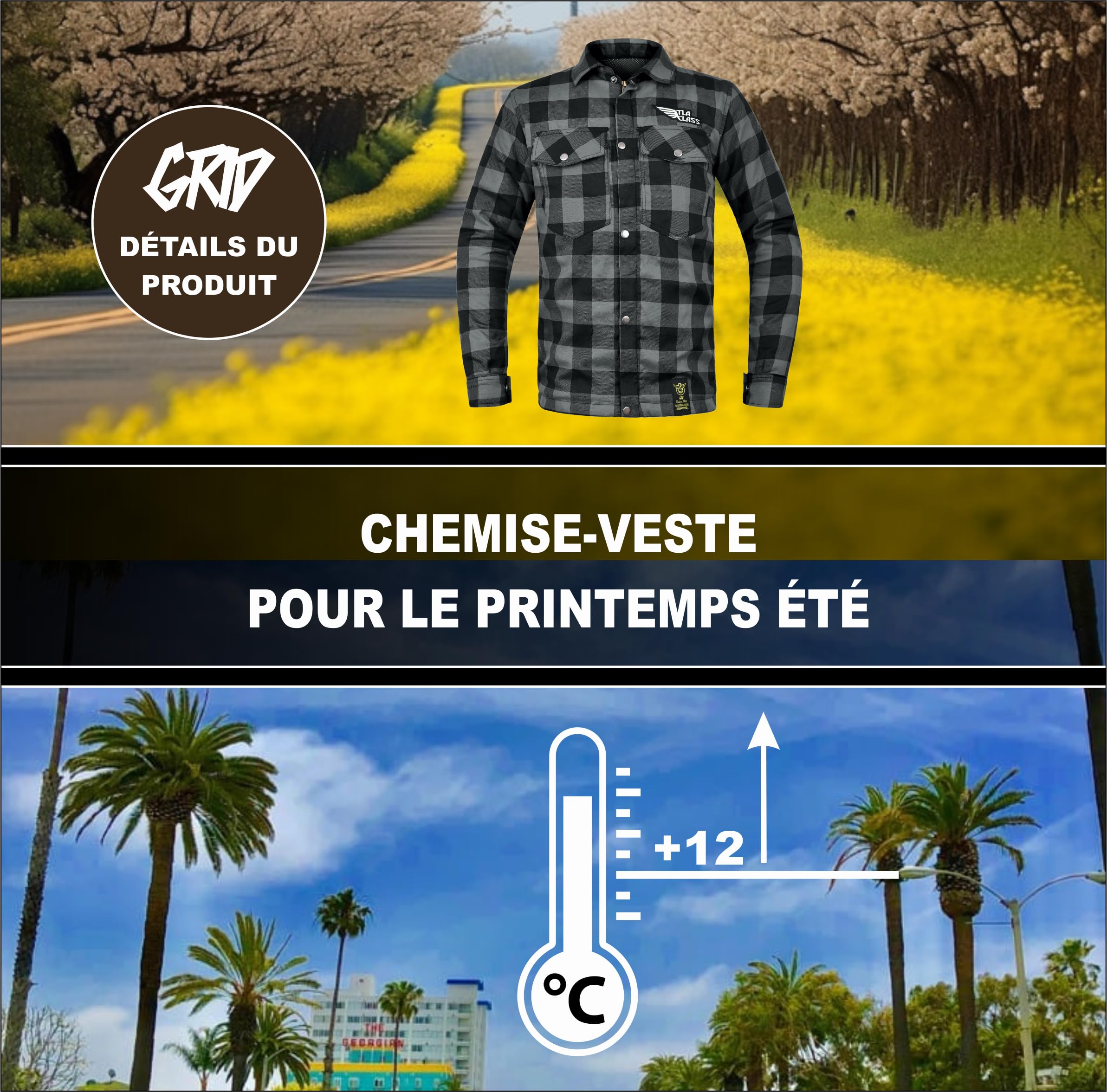 TLA Grid Camicia Moto con Protezioni, Giacca in Flanella a Quadri con Rinforzi in Aramide, Taglie sino 6XL Unisex Uomo e Donna, Giubbotto Moto e Scooter Vintage, Cafè Racer, Zip e Bottoni