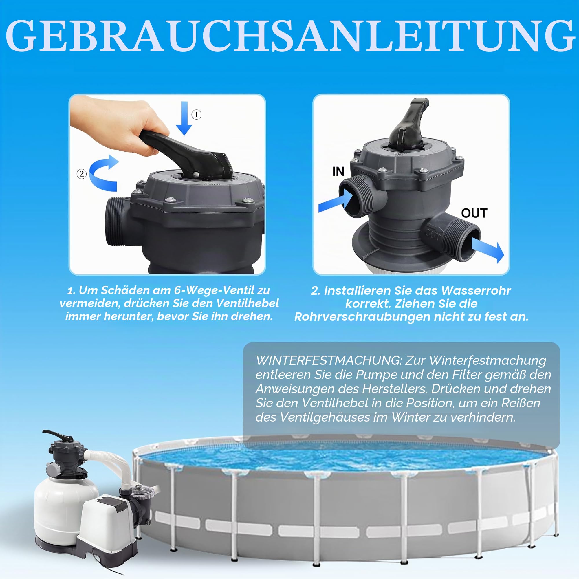 11496 6-Wege-Ventil Ersatz für Intex 2.2 cm Sandfilterpumpe | Kompatibel mit SX2800 26647EG & SX3000 26651EG Sandfilterpumpe, 6 Funktionen, mit Manometer und Schauglas, Kunststoff