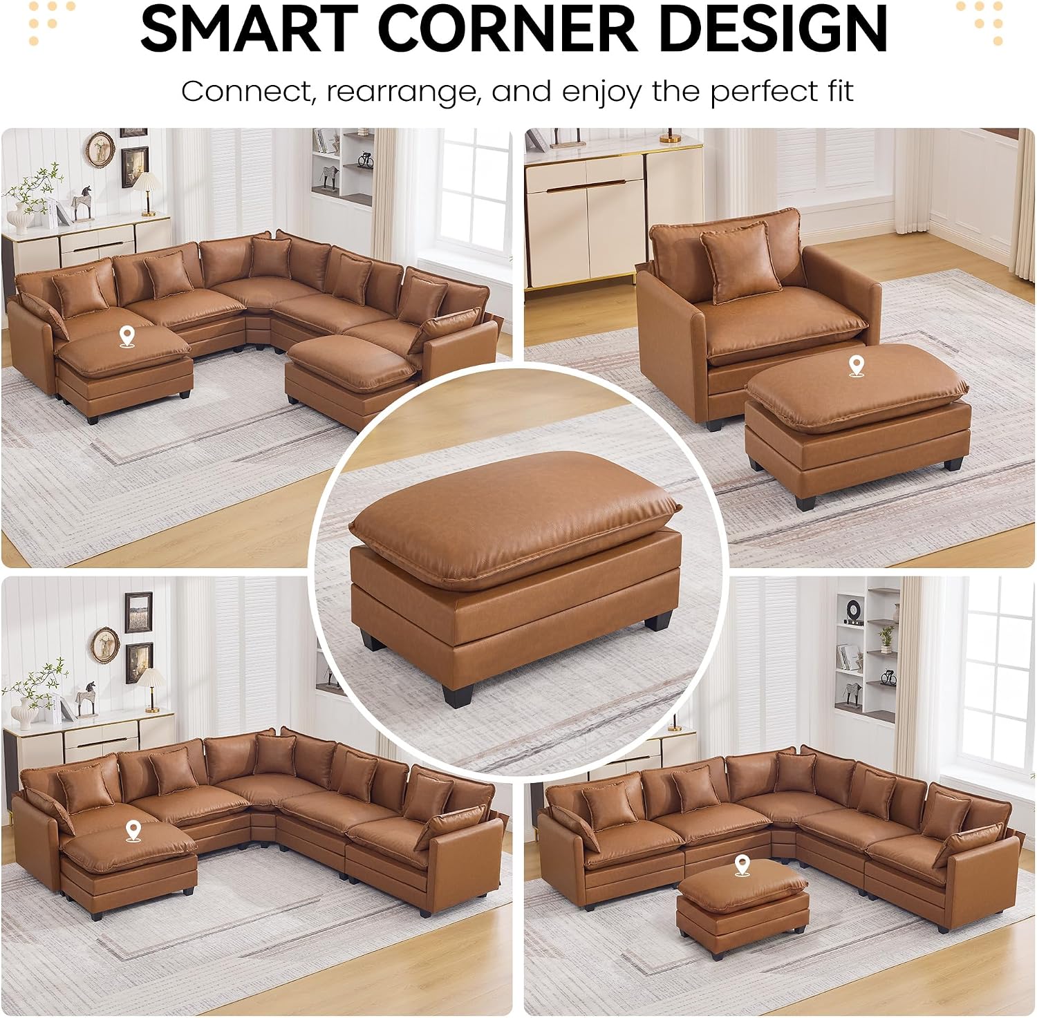 WUTUTUEE 35'' Modern Leather Cloud Sofa Ottoman,Rectangle Ottoman for Modular Sectional Sofa, Leather Light Brown thumbnail