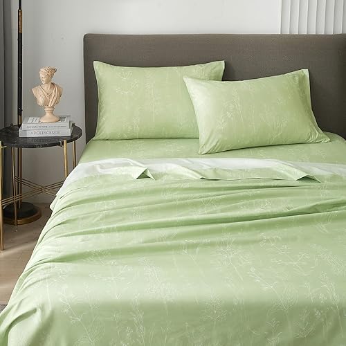 Miniatura 4 de Hyprest Sábanas de cama verde salvia, bolsillo profundo de 18 pulgadas, tamaño King, sábanas con patrón floral verde, sábanas suaves estilo granja,
