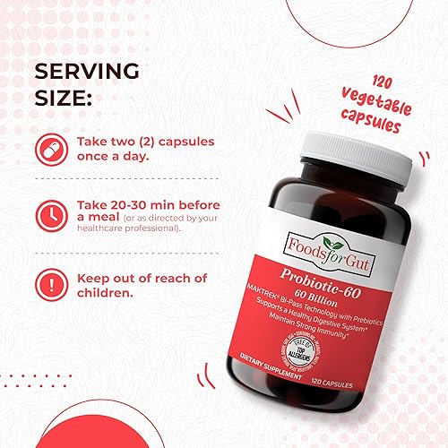 Miniatura 4 de Foods For Gut Cápsulas probióticas de 60 mil millones de ufc  Tecnología MAKTrek Bipass  Apoyo digestivo e inmunológico 120 cápsulas