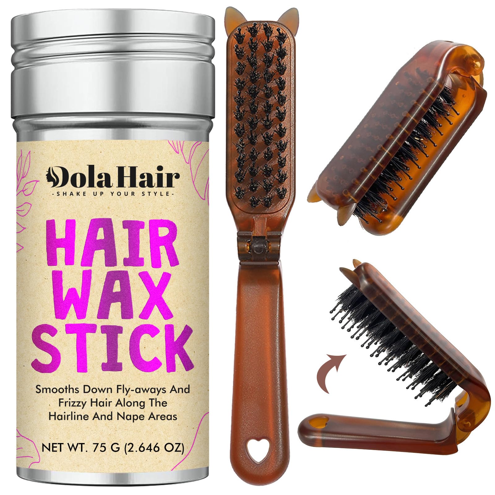 Dolahair Portable Travel Hair Wax Stick - Slick Hair Pomade with Smoothing Brush for Women, Kids & Girls' Hair Styling