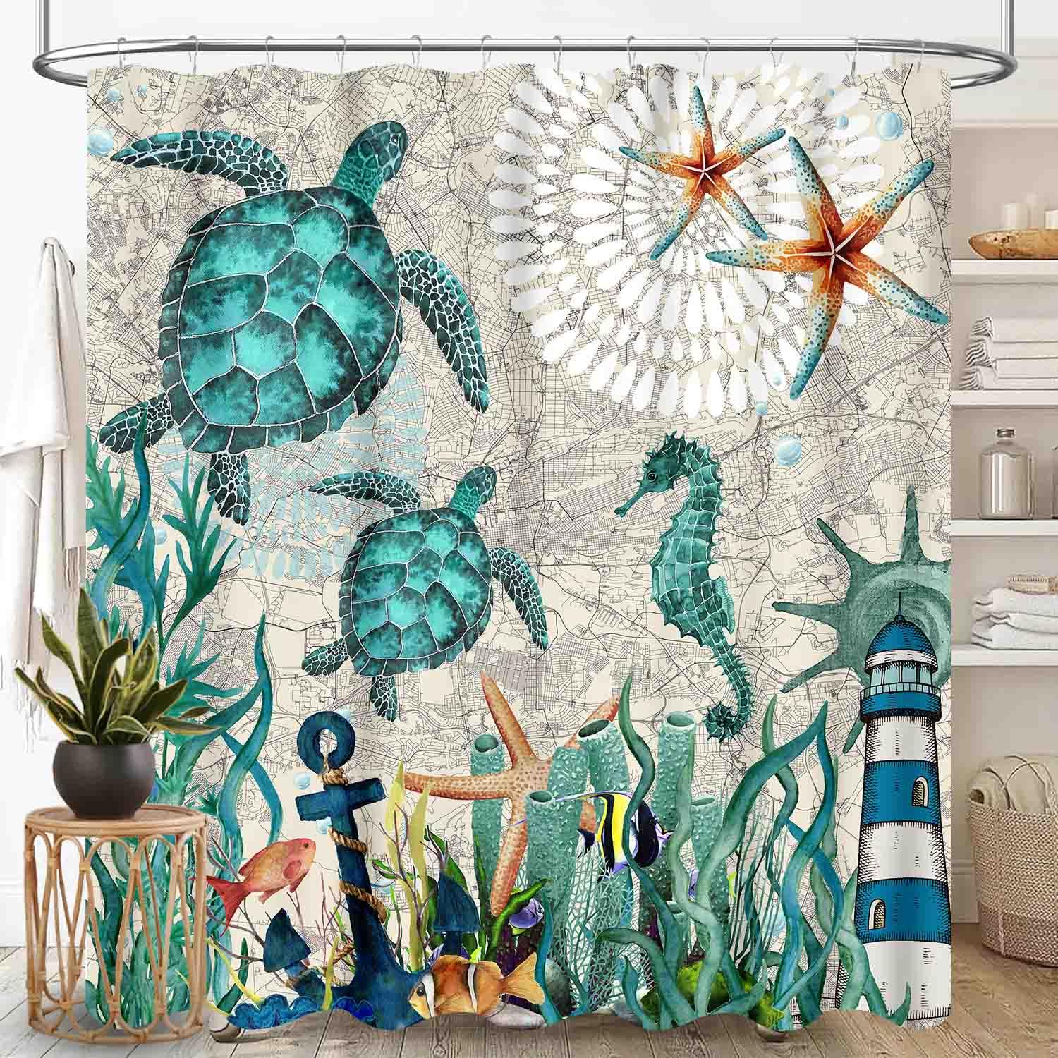 Coastal Shower Curtains for Bathroom, Nautical Sea Turtle Seahorse Starfish Ocean Beachy Undersea Animals Teal Green Waterproof Fabric Bath Shower Curtain Set with Hooks, 72"x72" Inch