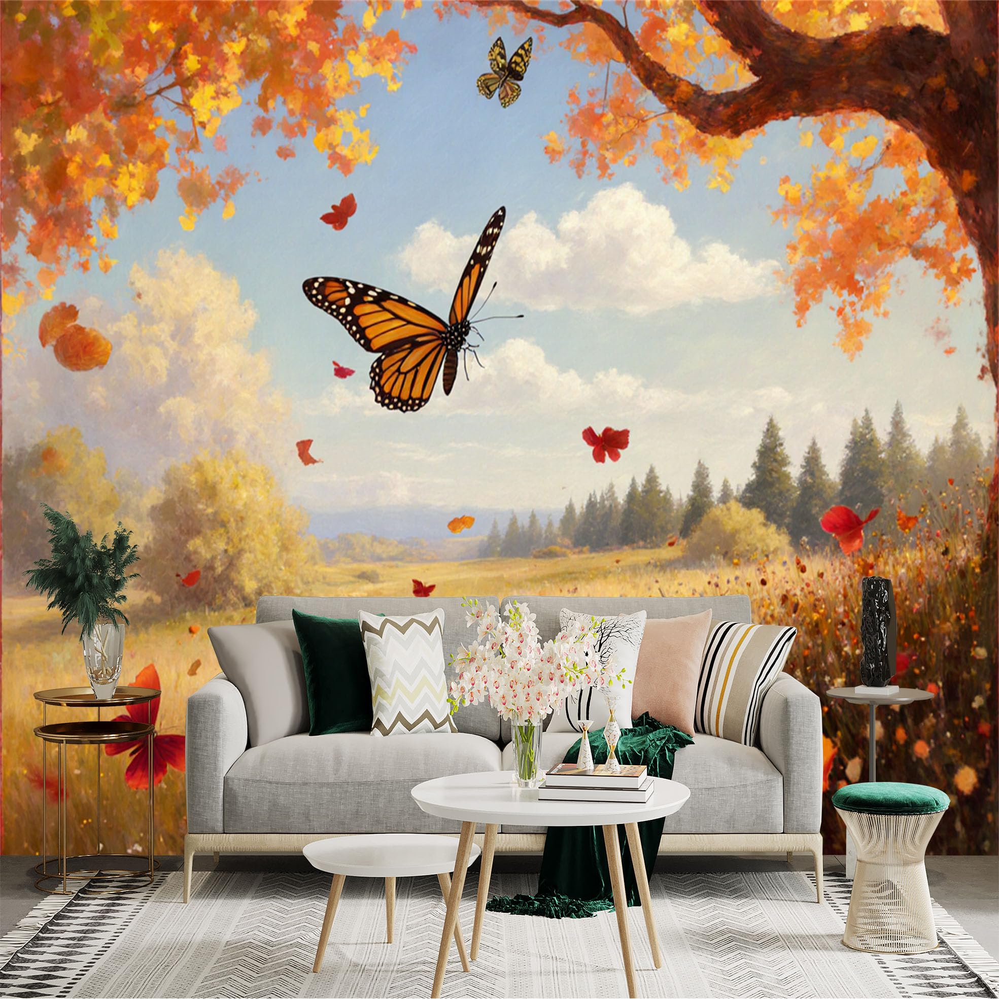 Custom Size Wall Sticker Mural， Autumn Landscape with Monarch Butterflies， Golden Field and Vibrant Foliage， for wall Decoration， peelandstick wall Decals.