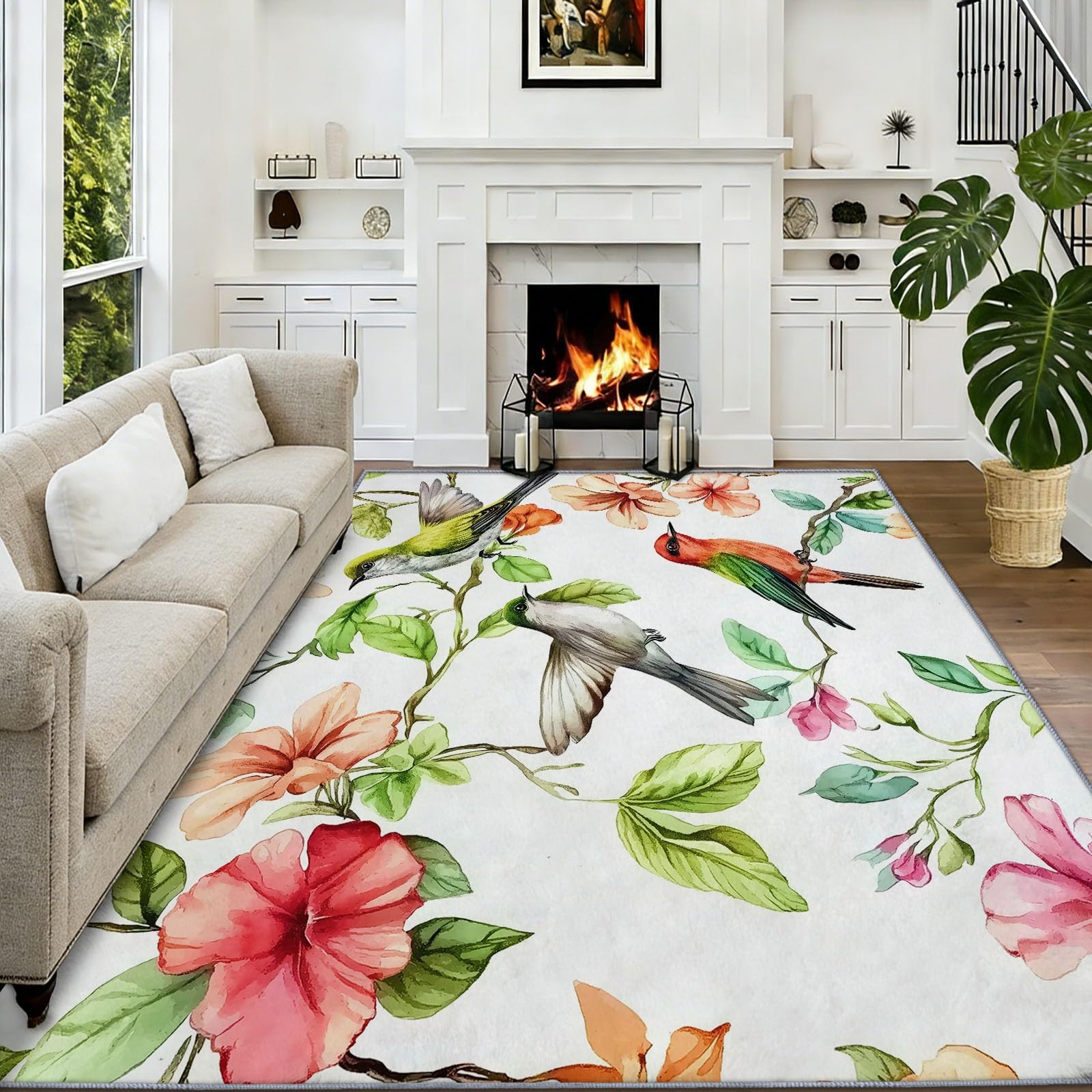 Dywan do salonu kwiaty ptaki gałązki 160 x 230 cm miękki prostokątny antypoślizgowy zmywalny krótki stos dywan, do salonu sypialni pokoju dziecięcego, biały