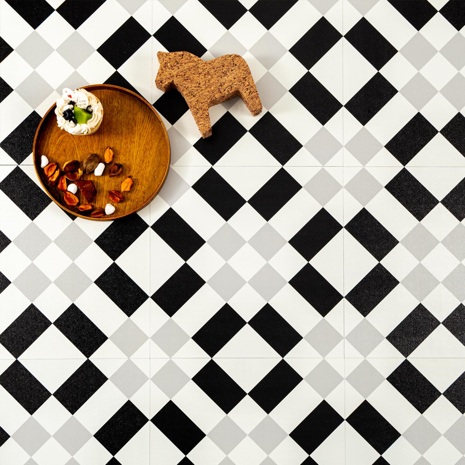Self Adhesive Floor Tile, Vinyl Flooring Peel and Stick Floor Tiles, Waterproof Black and White Checkered Effect for Bathroom Kitchen Bedroom,30x30cm（12 X 12 inches）8 pcs(0.72㎡)