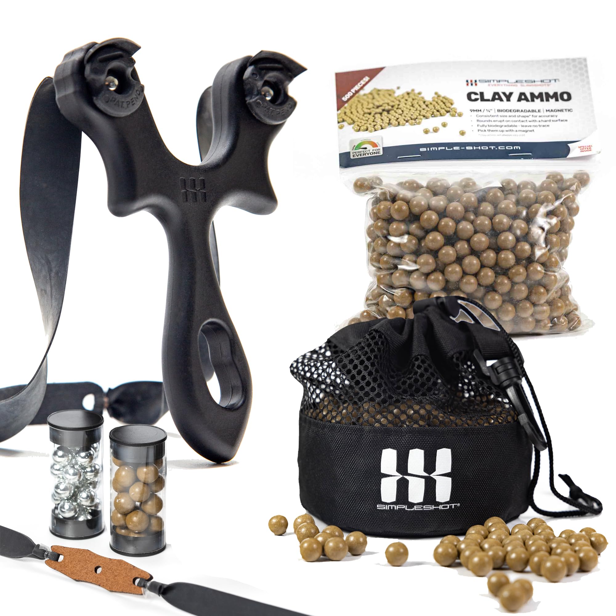 SimpleShotBeanFlip Slingshot Kit (Black) and 500ct Clay Ammo with Mesh Bag Bundle
