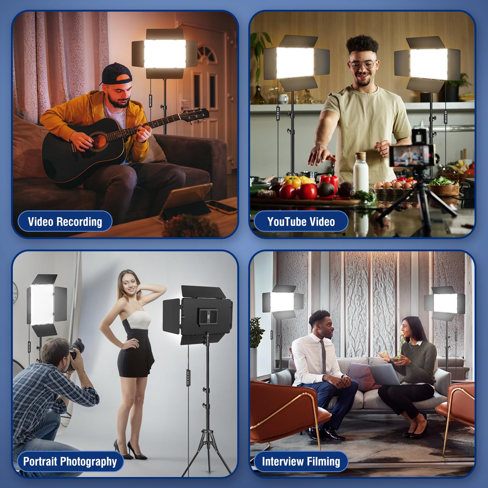 2 Pack LED Video Light Kit with Barn Door, Icceue 30W Photography Light Panel with Stand, 3000Lux 2500K-8500K Dimmable Studio Lights for Video Recording/Filming/Photoshoot Shooting/Live Streaming