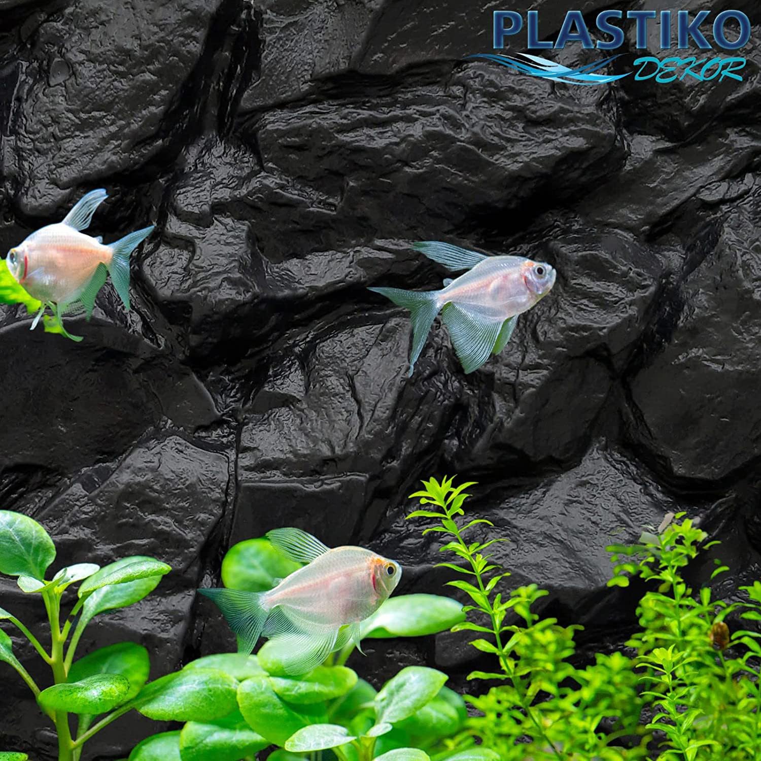 PLASTIKO - Acquario Sfondo 3D I 100x50 cm I Facile da Montare e Pulire I Non Richiede Colla I Sicuro per Gli Animali I Grigio con Un Modello di Pietre Alte