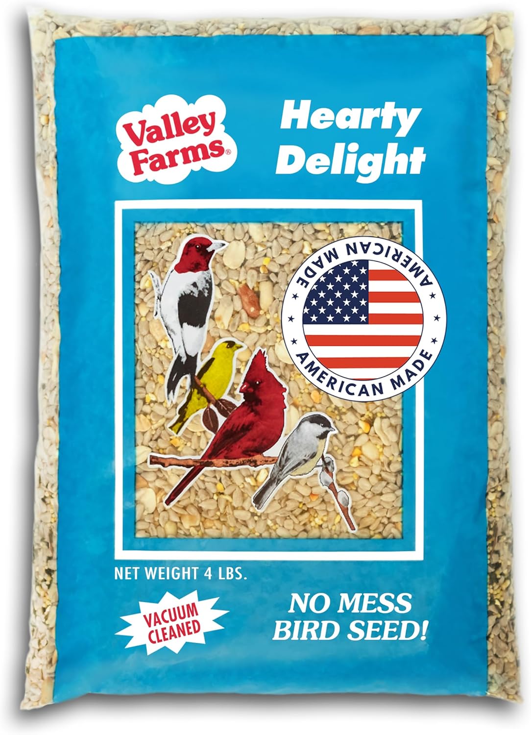 Valley Hearty Delight Wild Bird Food for Outside Feeders, No-Mess Wild Bird Seed with Sunflower Hearts & Peanut Kernels, Filler Free Bird Seed Perfect for Outdoor Patios, (4 LBS)