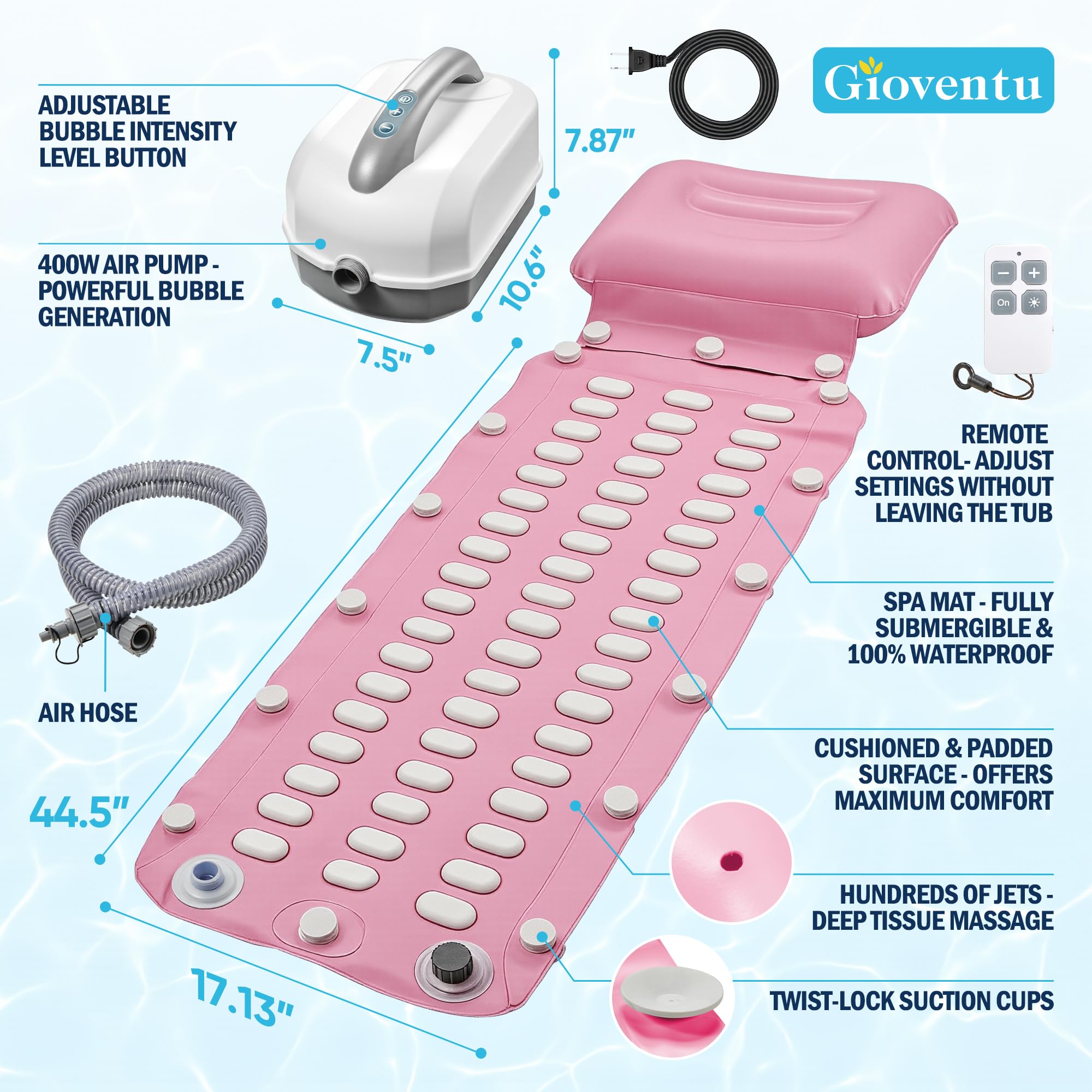 Tappetino per vasca da bagno aggiornato, massaggiatore portatile con 6 impostazioni regolabili, design antiscivolo aggiornato e telecomando, tappetino per vasca da bagno a casa, supporto completo