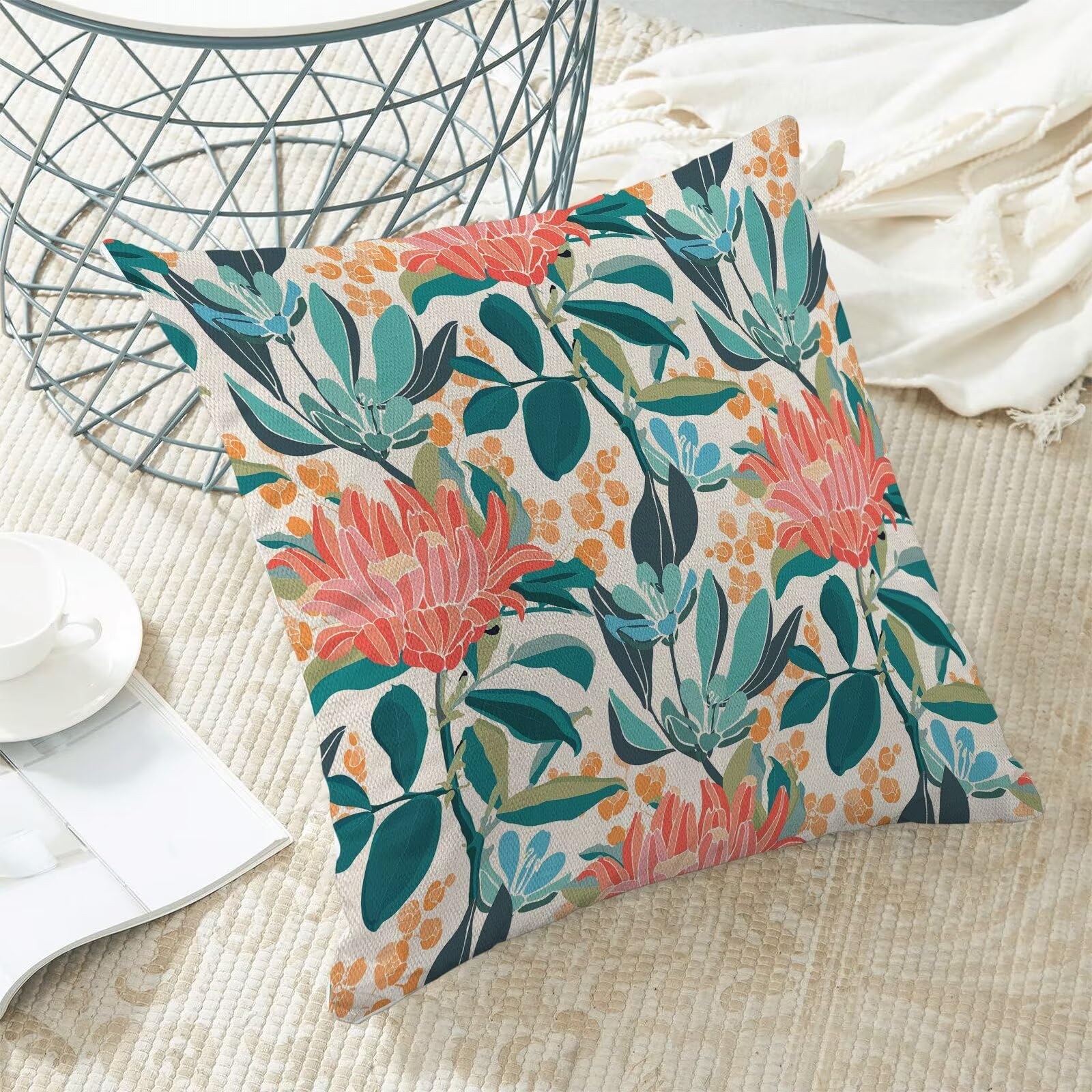 Juego de 2 fundas de almohada florales de coral de 20 x 20 pulgadas, color turquesa y naranja con flores decorativas para exteriores, color verde azulado, funda de cojín floral colorida para 4