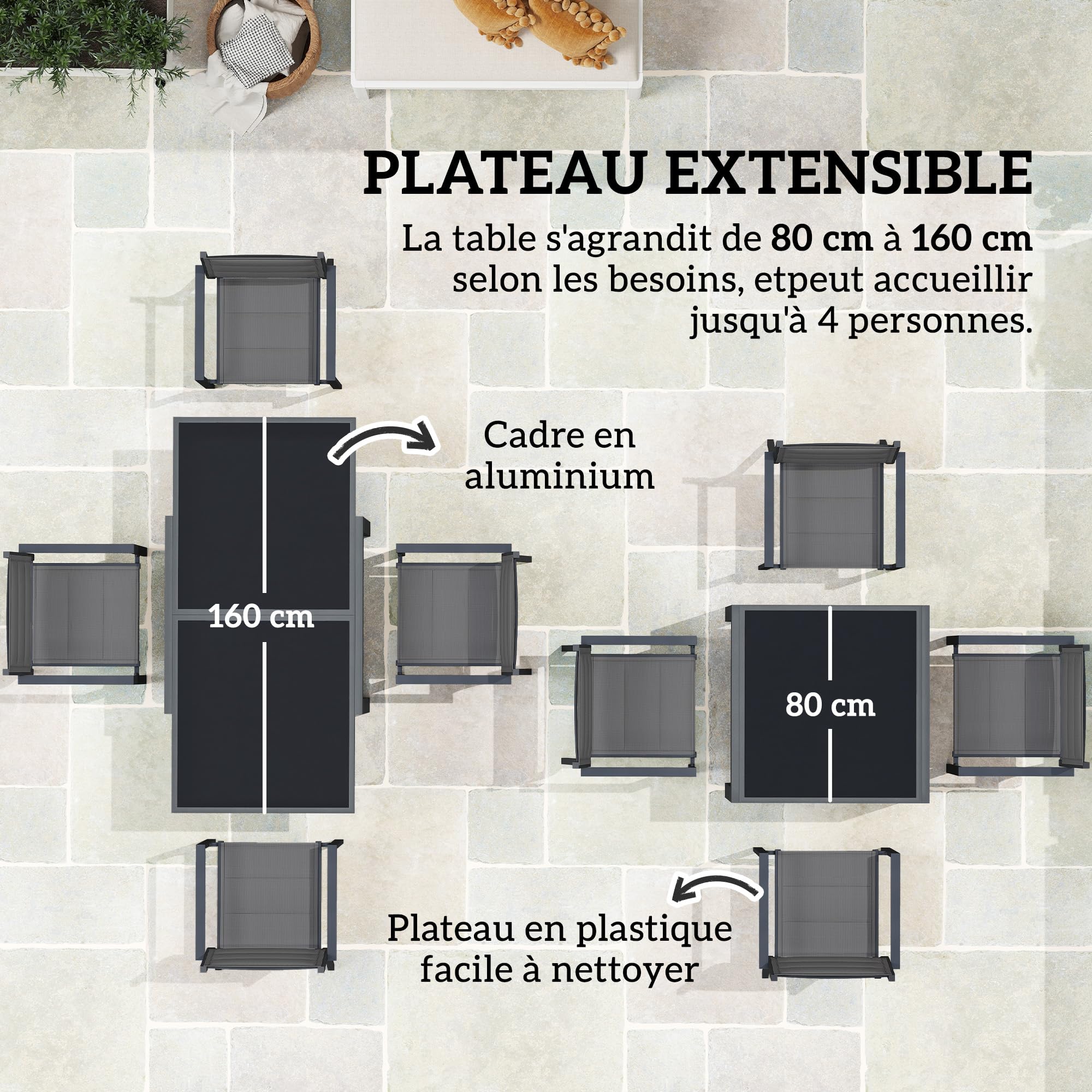Outsunny Salon de Jardin extérieur en Aluminium et textilène Table Extensible 4 chaises empilables - 4 Personnes - dim. Table 80/160L x 80l x 75H cm Gris