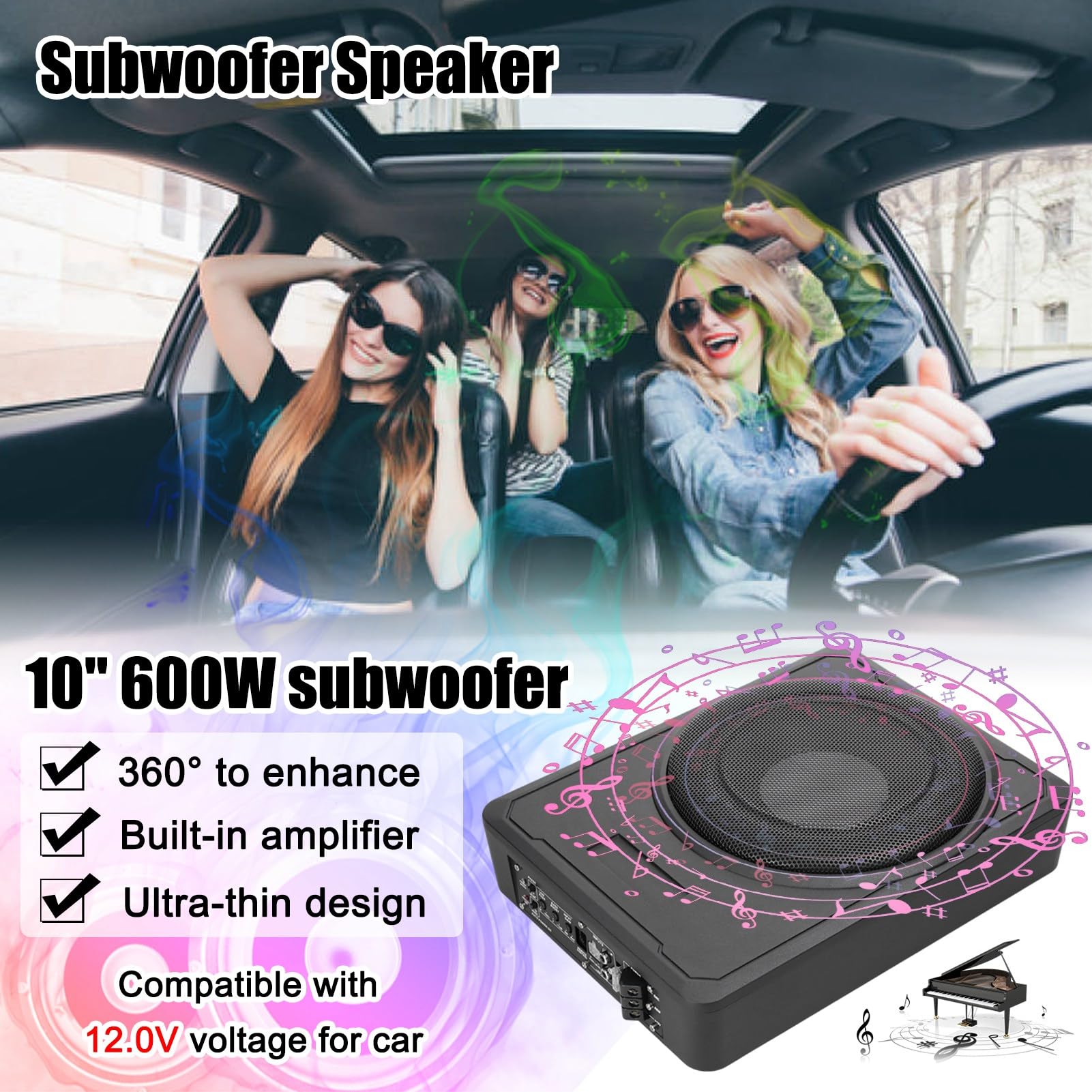 10-calowy Głośnik Niskotonowy o Mocy 800 W ze Stopu Aluminium ze Wzmacniaczami i Efektem Dźwiękowym 360°, łatwy W Montażu Subwoofer Pod Siedzeniem do Samochodu Ciężarowego, łodzi Morskiej