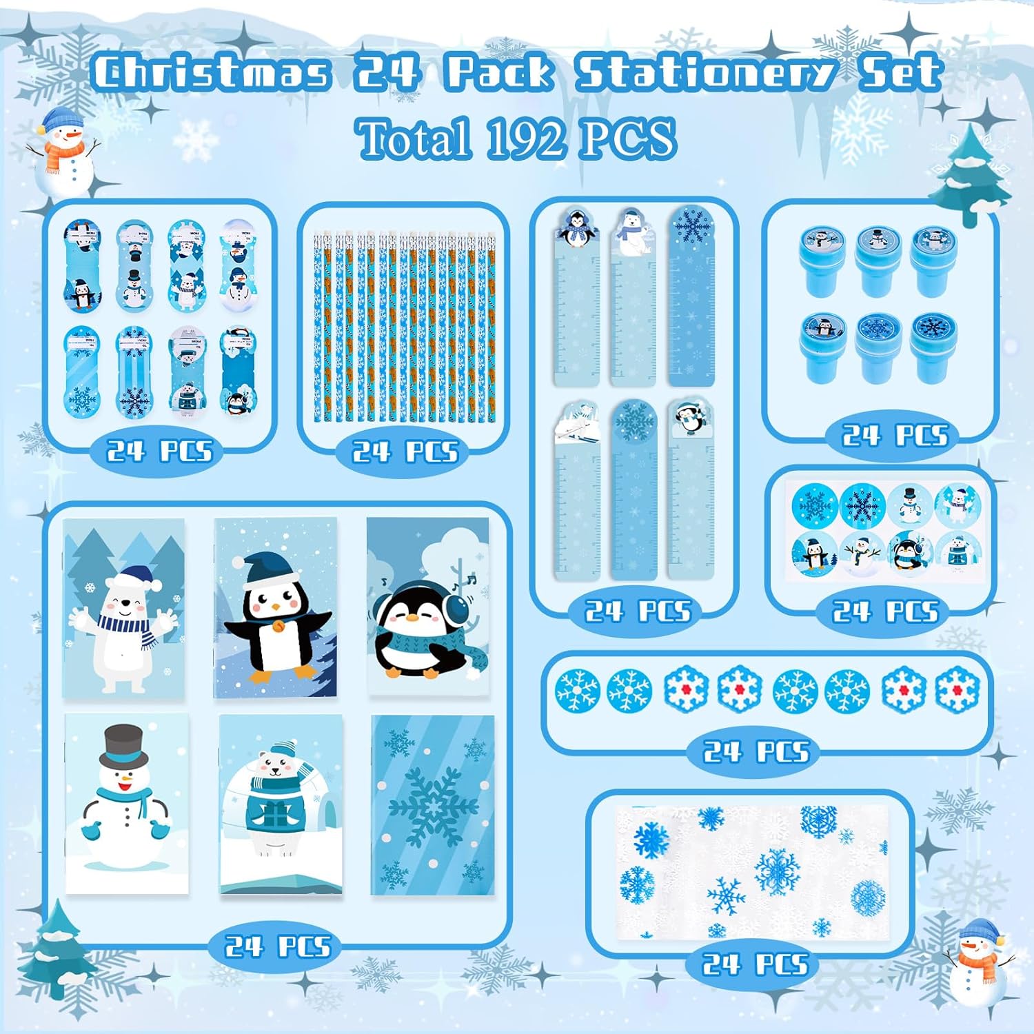 TOAPER 192PCS Winter Stationery Party Favors Bulk Winter Themed Stationery Treat Bags Birthday Supplies for Stocking Goodie Bags Stuffer Exchange School Games Prizes - Image 3