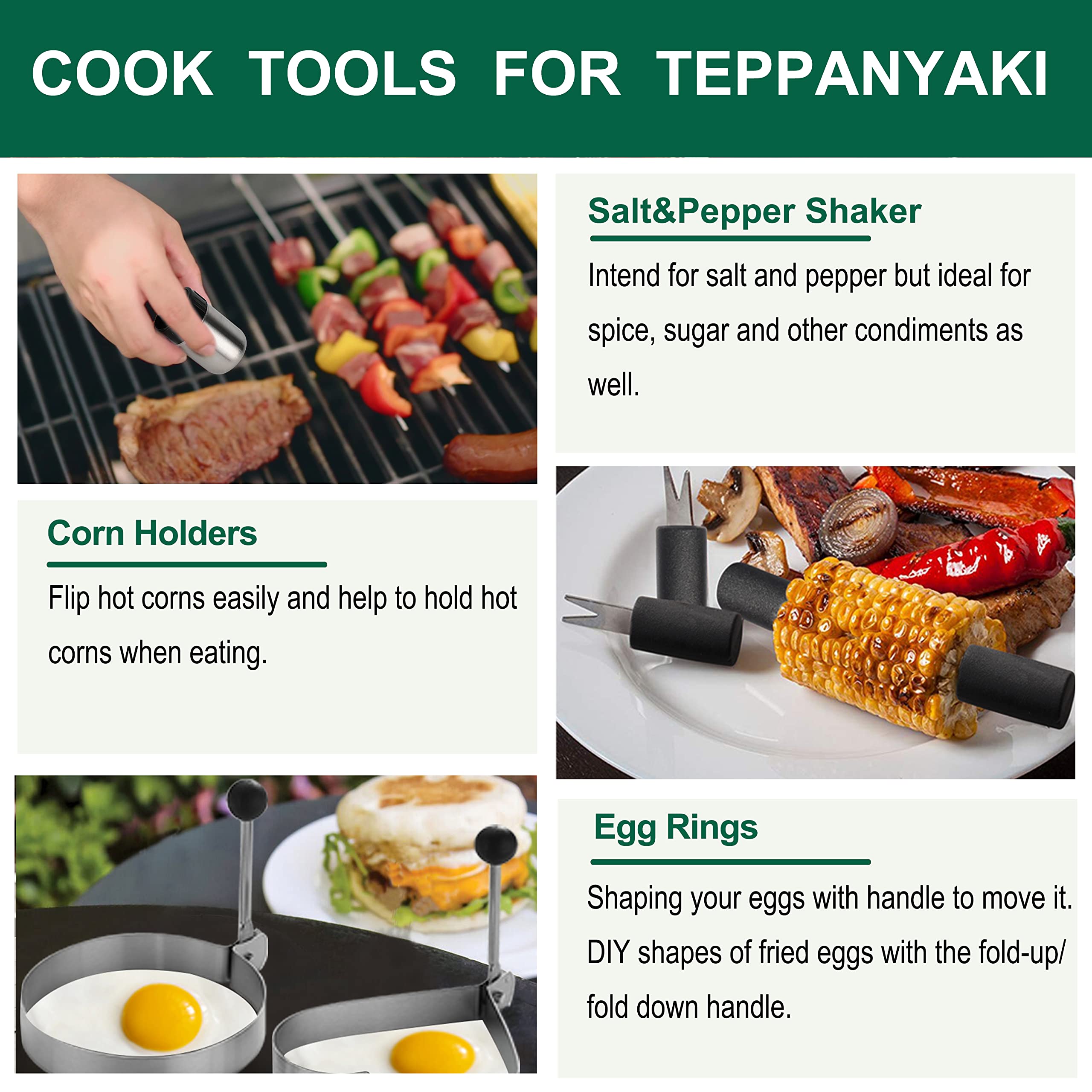 Grilljoy 46-teiliges Grillzubehör-Set mit robustem Kunststoffgriff, All-in-One-Grillwerkzeug-Set für flache Grills, Teppanyaki, Hibachi, Edelstahl-Grillspatel-Kit für Outdoor-Camping, Grillen