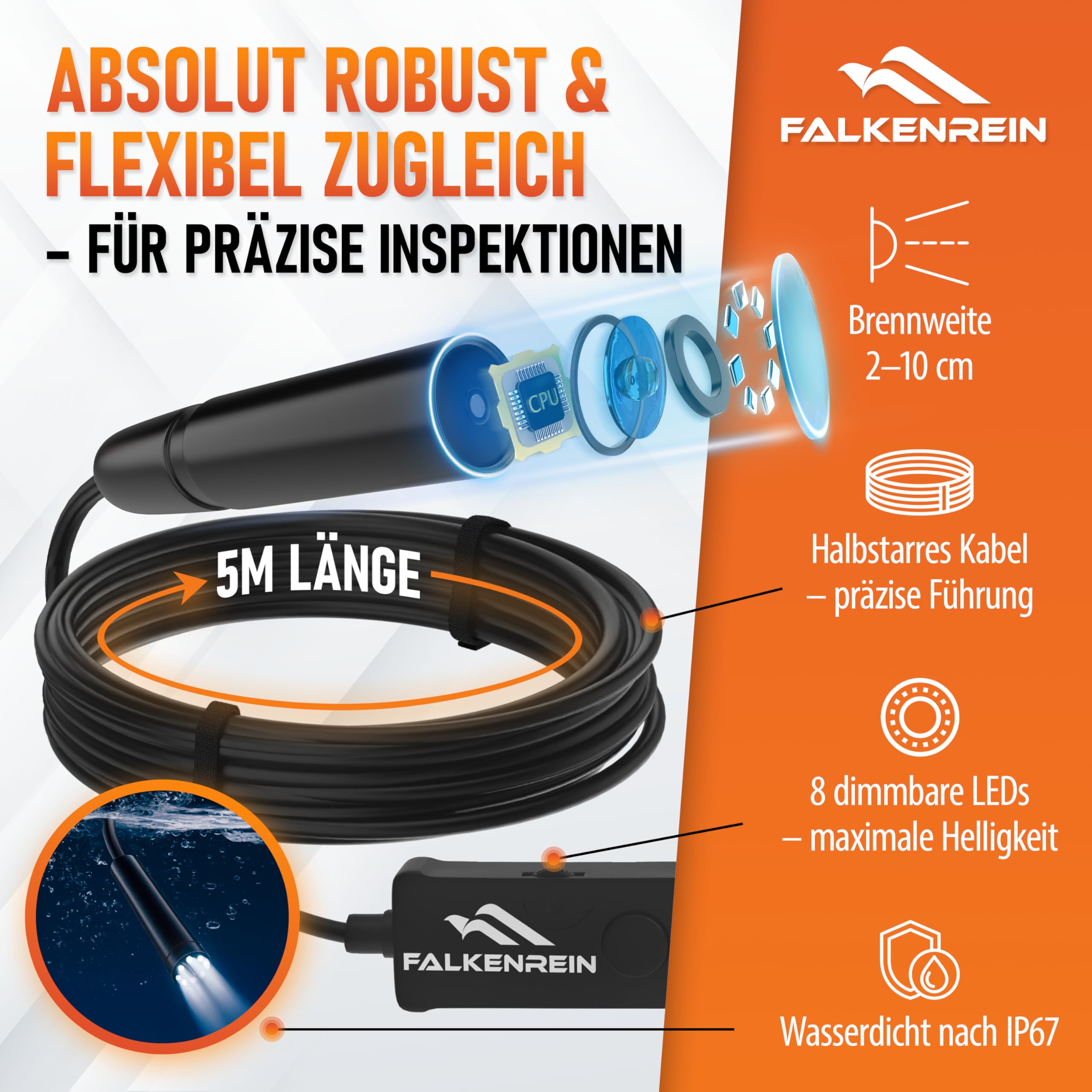 Smart Inspect Set – fotocamera endoscopio con luce e pratici accessori, compatibile con iOS e Android, fotocamera endoscopio di alta qualità per ispezioni senza sforzo di scarico, auto