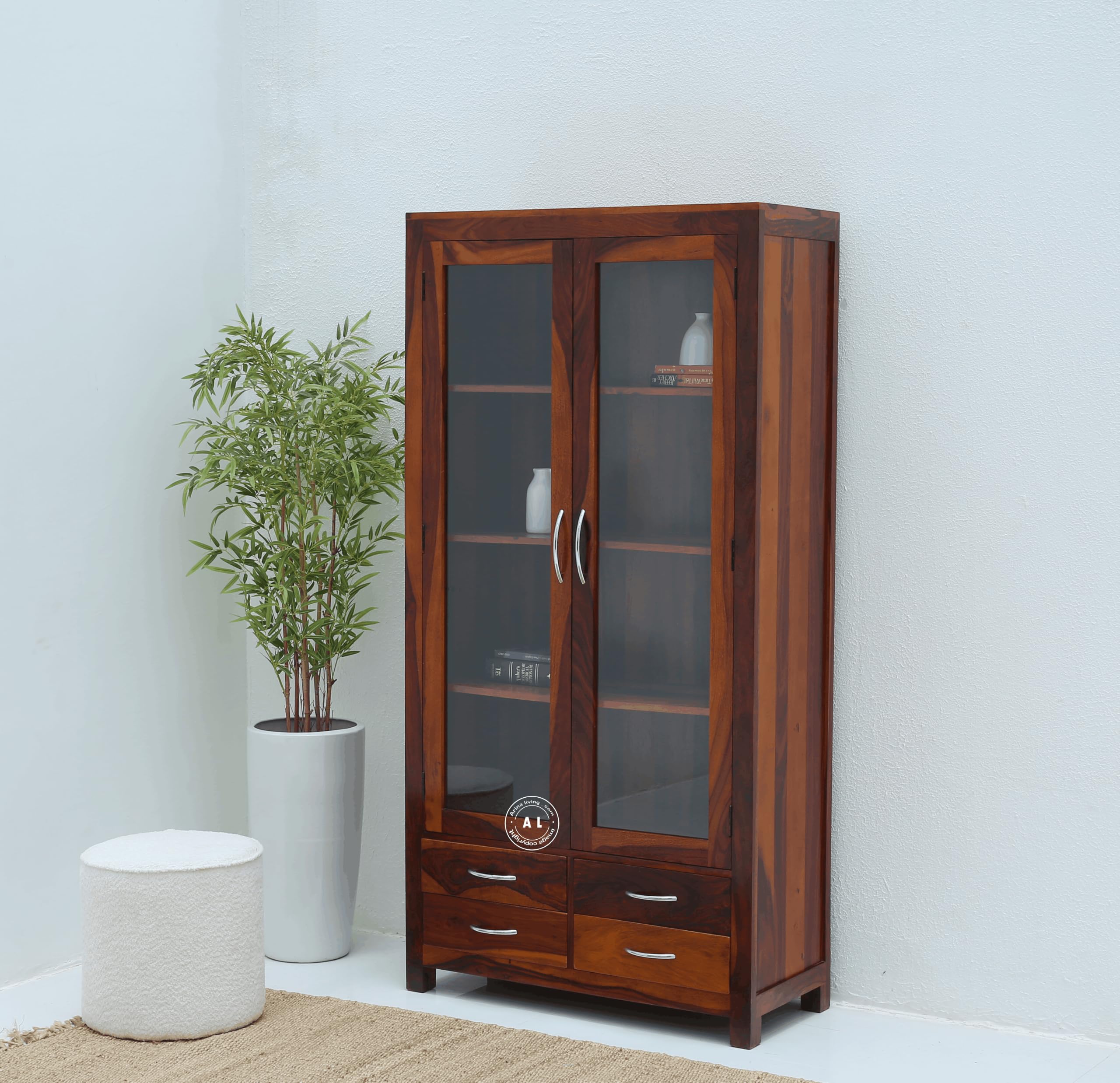titan solid wood wardrobe with glass doors & drawers | honey finish, bedroom storage, multiple shelves, chrome handles, almirah cabinet