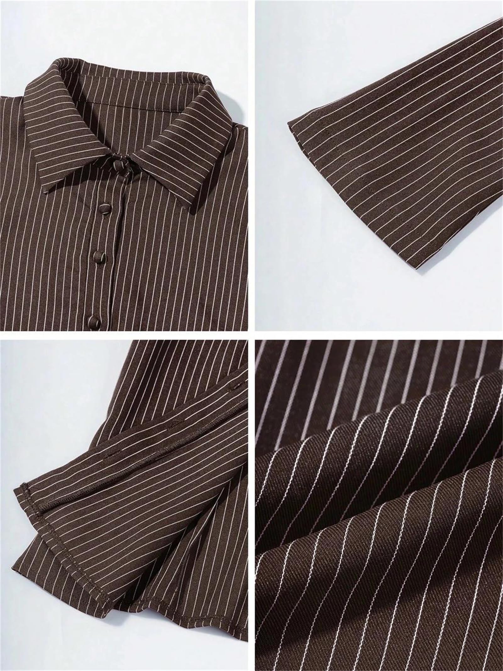 Genérico Camisa de Oficina a Rayas para Mujer, Ajustada, con Botones, Manga Larga, puños Acampanados, Cuello Vuelto, Abertura Completa y Corte elástico (café pequeño)