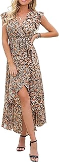2025 Women's Spring Summer Boho Floral Print V-Neck Faux Wrap Maxi Dress for Wedding Guest, Graduation, Party