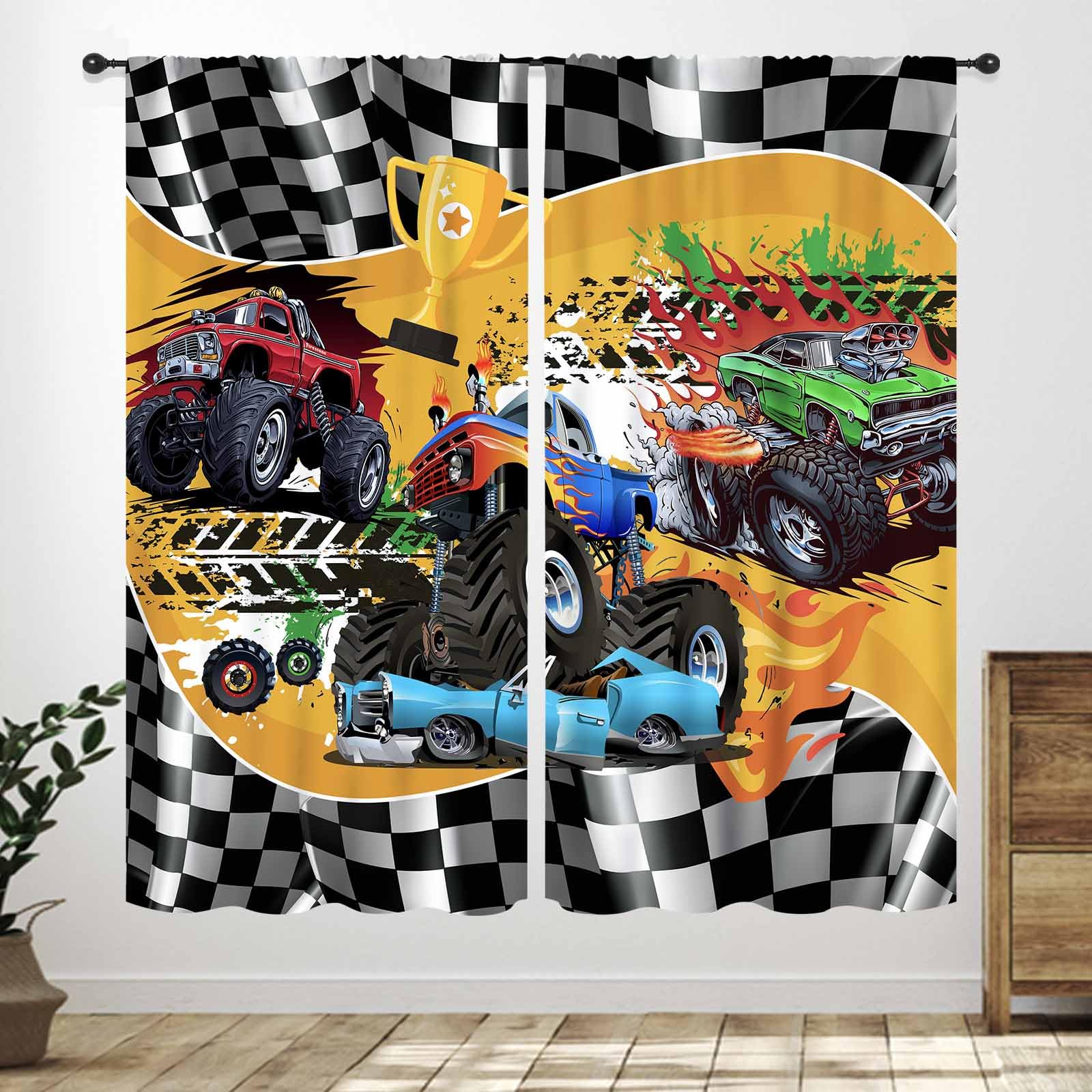 Lnepty Monster Truck Curtains for Boys Room,Cartoon Fleet Racing Car Stadium Game Cool Flame Flag Racing Theme Window Drapery Treatments for Kids