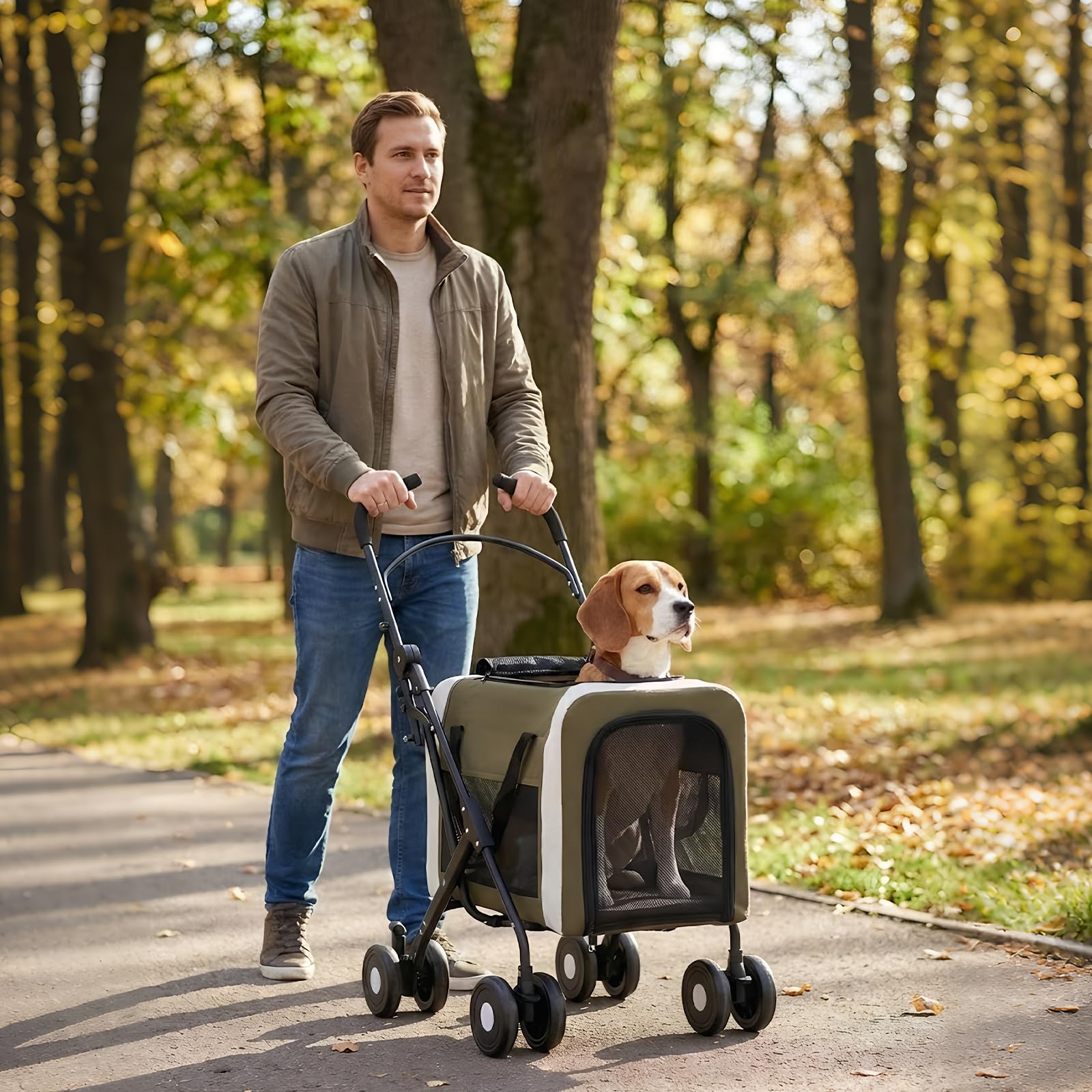 Poussette pour Chiens et Chats 30 kg, Poussette/Transporteur 2 en 1 pour Animaux de Compagnie, Panier Pliable à Deux Points d'entrée, Promeneur de Chien Portable en Plein air