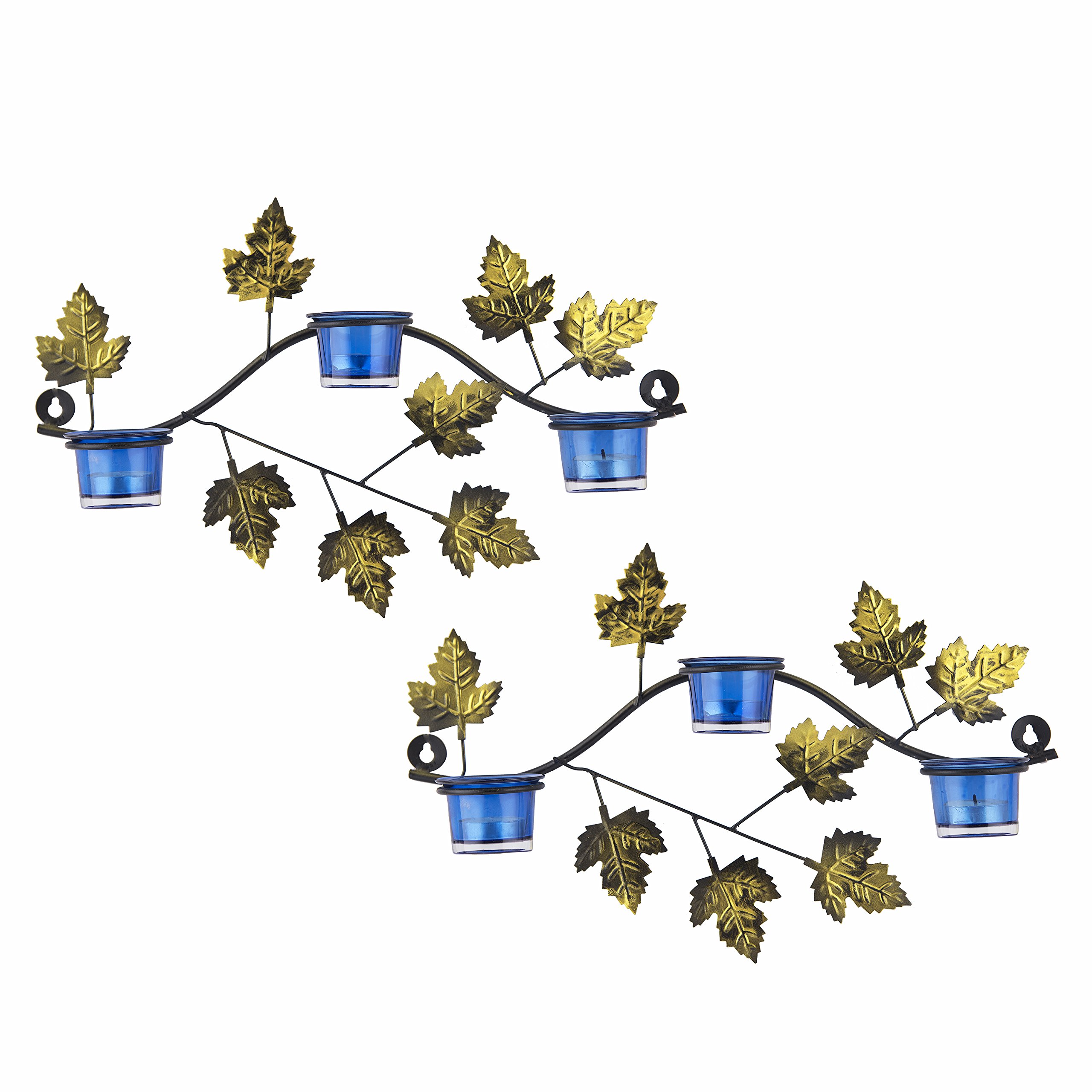 Homesake® Maple Leaf Wall Candle Holder with 6 Blue Glass Votive Cups & Free Tealight Candles | Metal Wall Sconce for Living Room, Bedroom, Diwali Decor & Home Decor