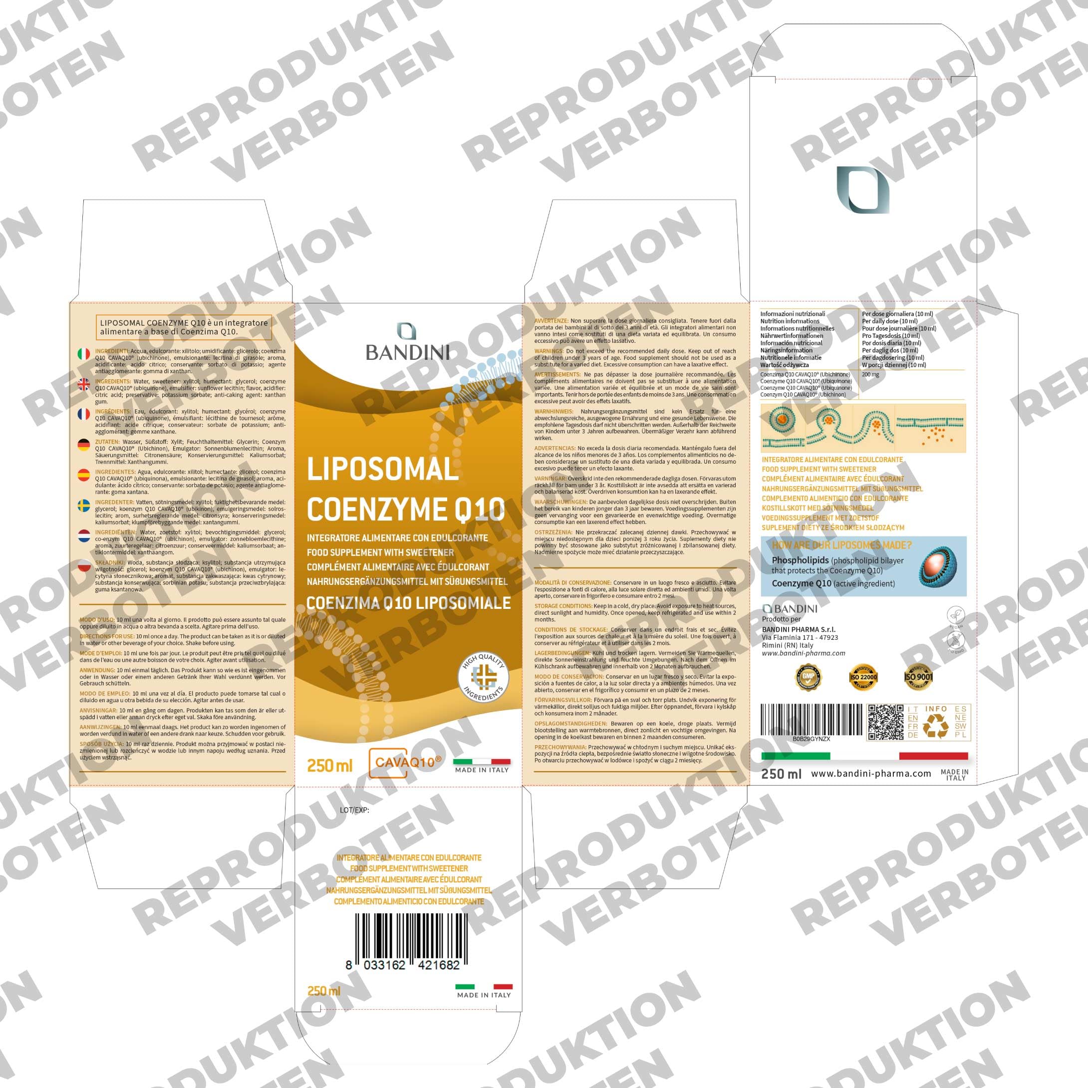 Bandini® Liposomales flüssiges Coenzym Q10 200 mg | 250 ml Co Q10 | | CAVAQ10® bioaktiv, natürlich, hoch bioverfügbar | Hochwertiges veganes Ubichinon aus pflanzlicher Fermentation