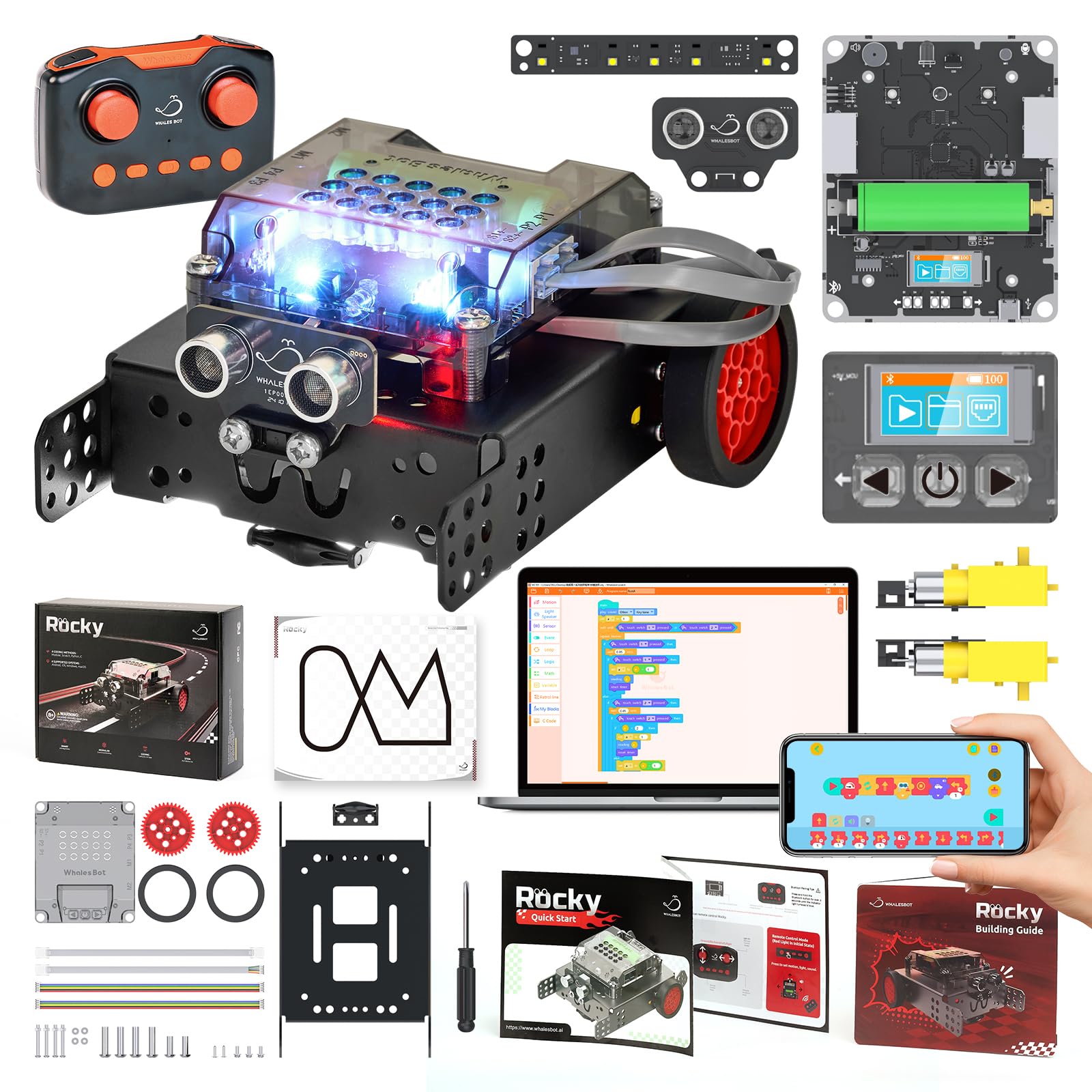 WhalesBot Rocky Coding & Remote Control Robot Kit for Kids 8-16, Modular/Scratch/Python/C Programming, Educational Engineering Science Toy Set with Multiple Sensors and Smart Controller