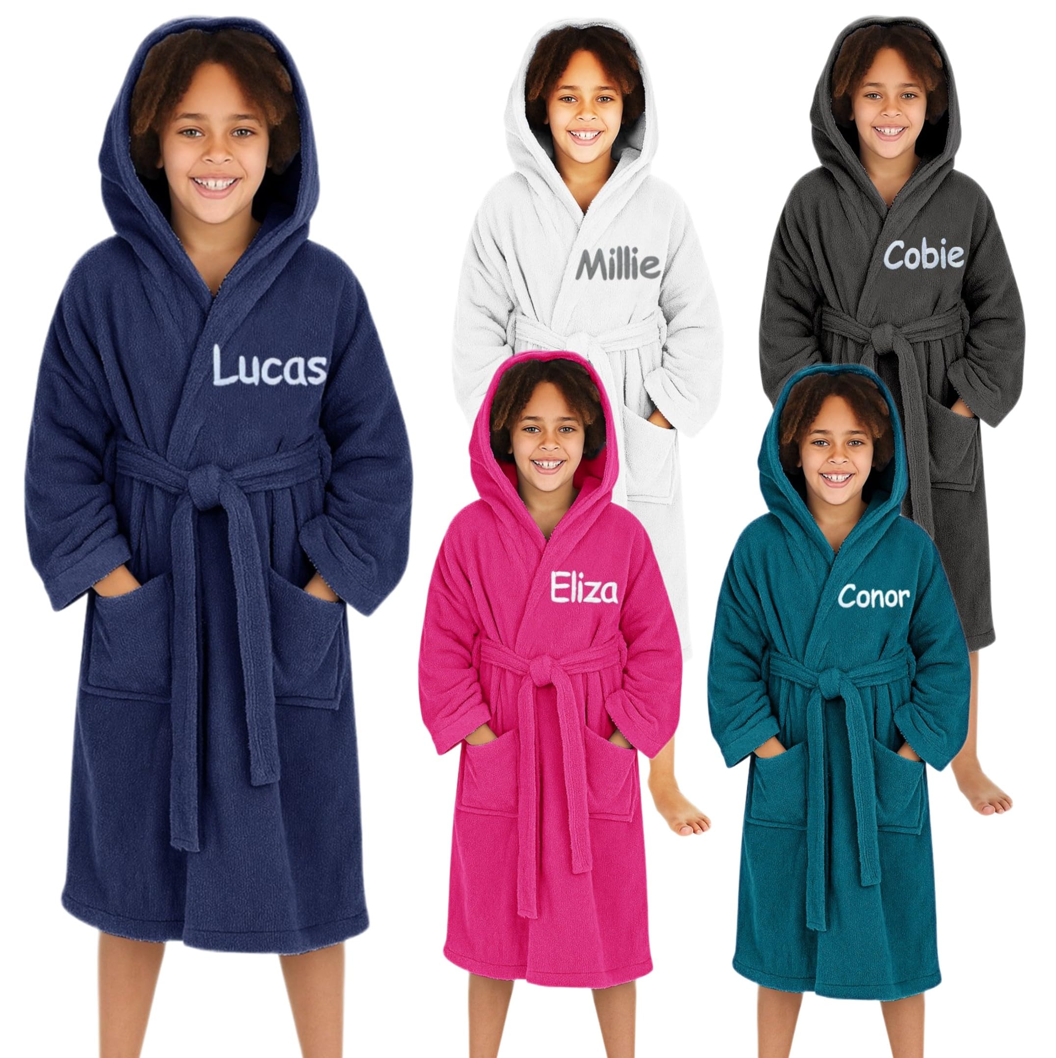 Personalised Boys & Girls 100% Cotton Hooded Towelling Bath Robe Childrens Dressing Gown Bathrobe Kids Gift 2-14 Years
