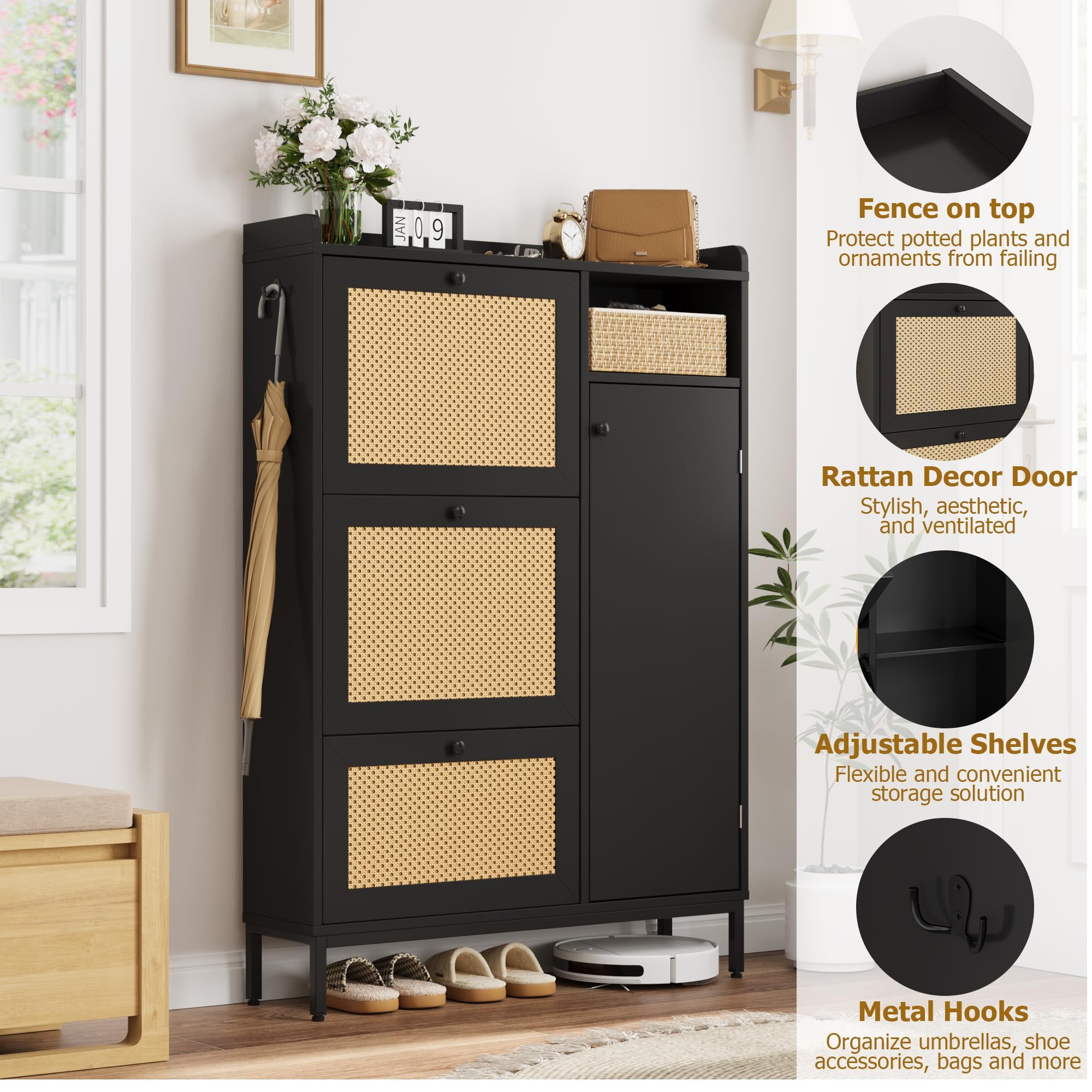 Litake Zapatero Estrecho con Puertas de ratán y 3 cajones abatibles, 4 Niveles con estantes Ajustables, Gran Capacidad hasta 50 Pares, para recibidor/Pasillo/Armario - Negro, versión Mejorada