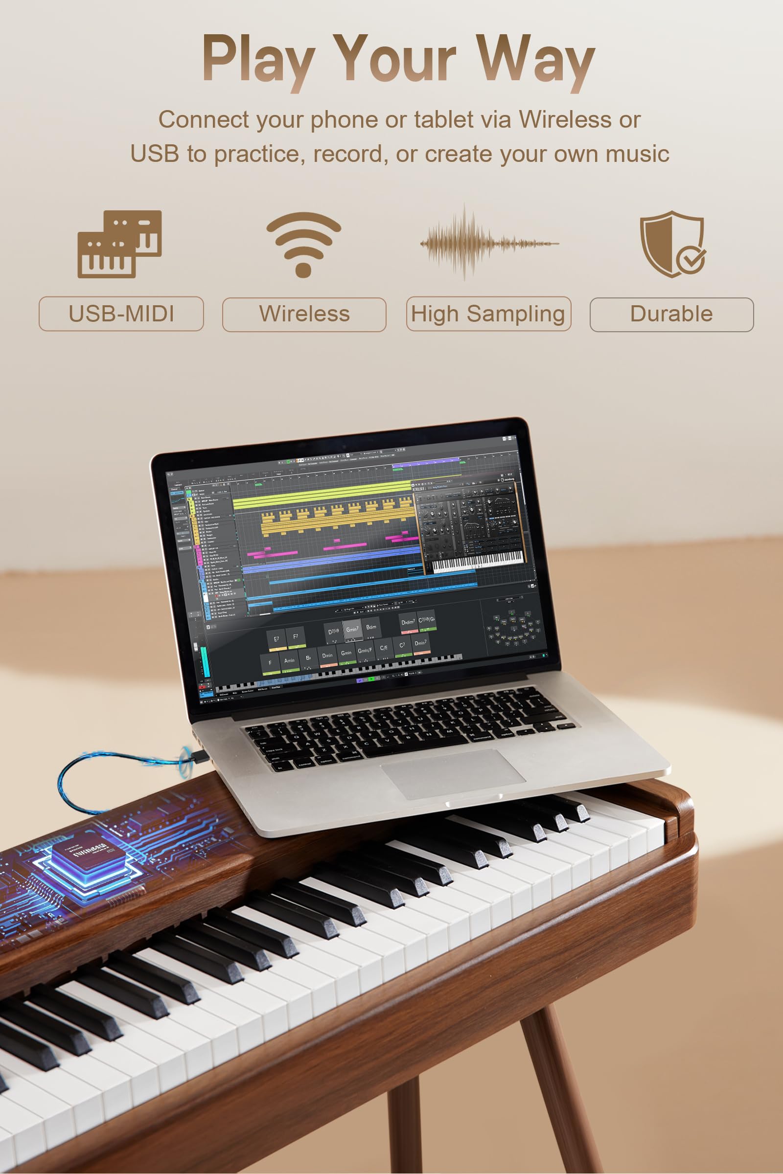 AKLOT Touchscreen Weighted Keyboard Piano: 88-Key Graded Hammer Action Digital Piano, Handcrafted Round-Edged Design, Triple Pedal, Stand, USB-MIDI, Headphone, Beginner Lesson Book (AUR-LS01 Walnut)
