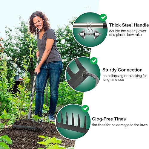 Miniatura 6 de Rastrillo de jardín, rastrillos de arco de 6 pies para césped resistente, rastrillo de metal para patio con mango largo ajustable, cabeza de 14
