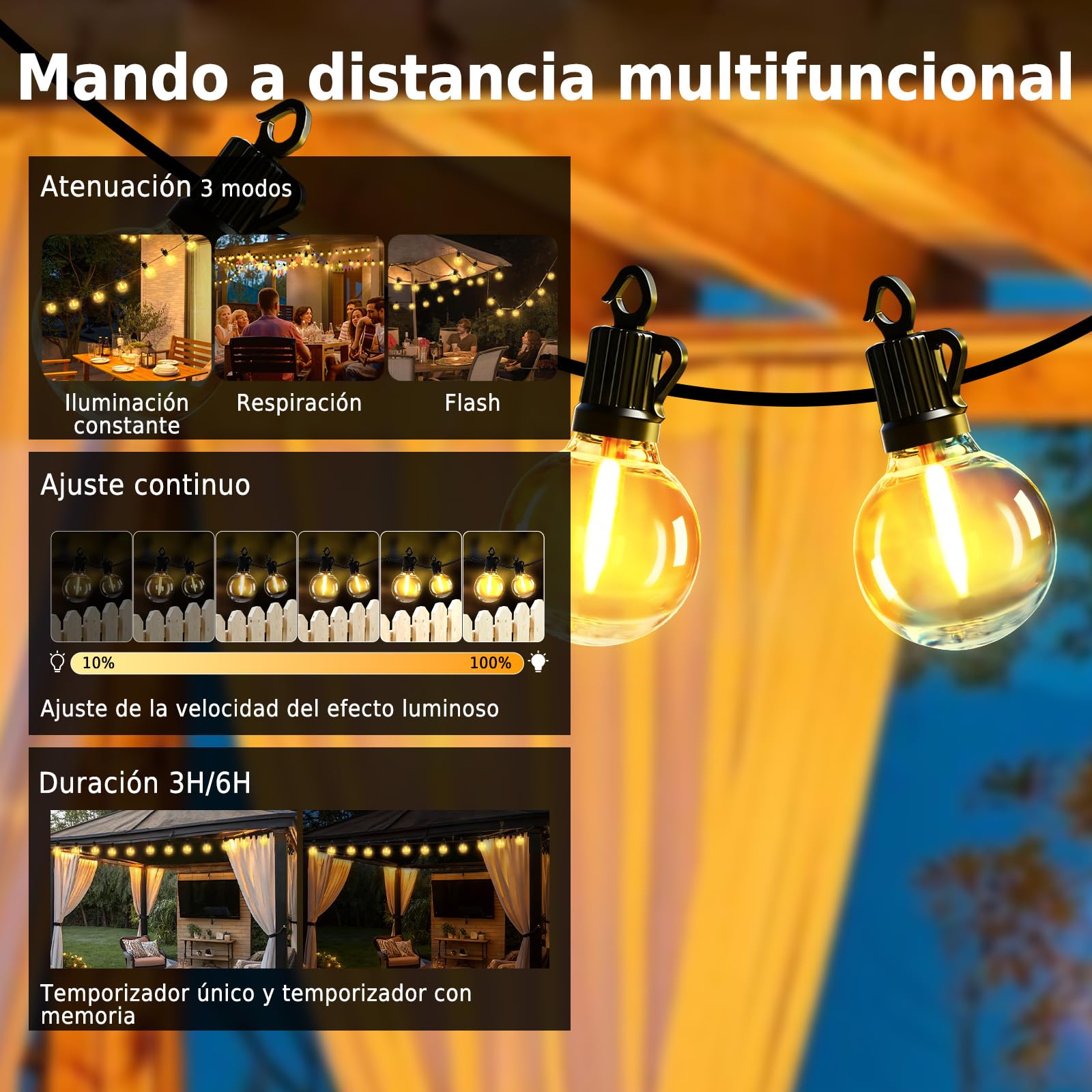 Guirnalda Luces Exterior, 100FT/30M Guirnaldas Luces Exterior Dimmable con Mando a Distancia, 60+2 G40 Bombillas, 4 Modos, IP65 Conectable Iluminacion Lampadas para Balcón Jardín Terraza